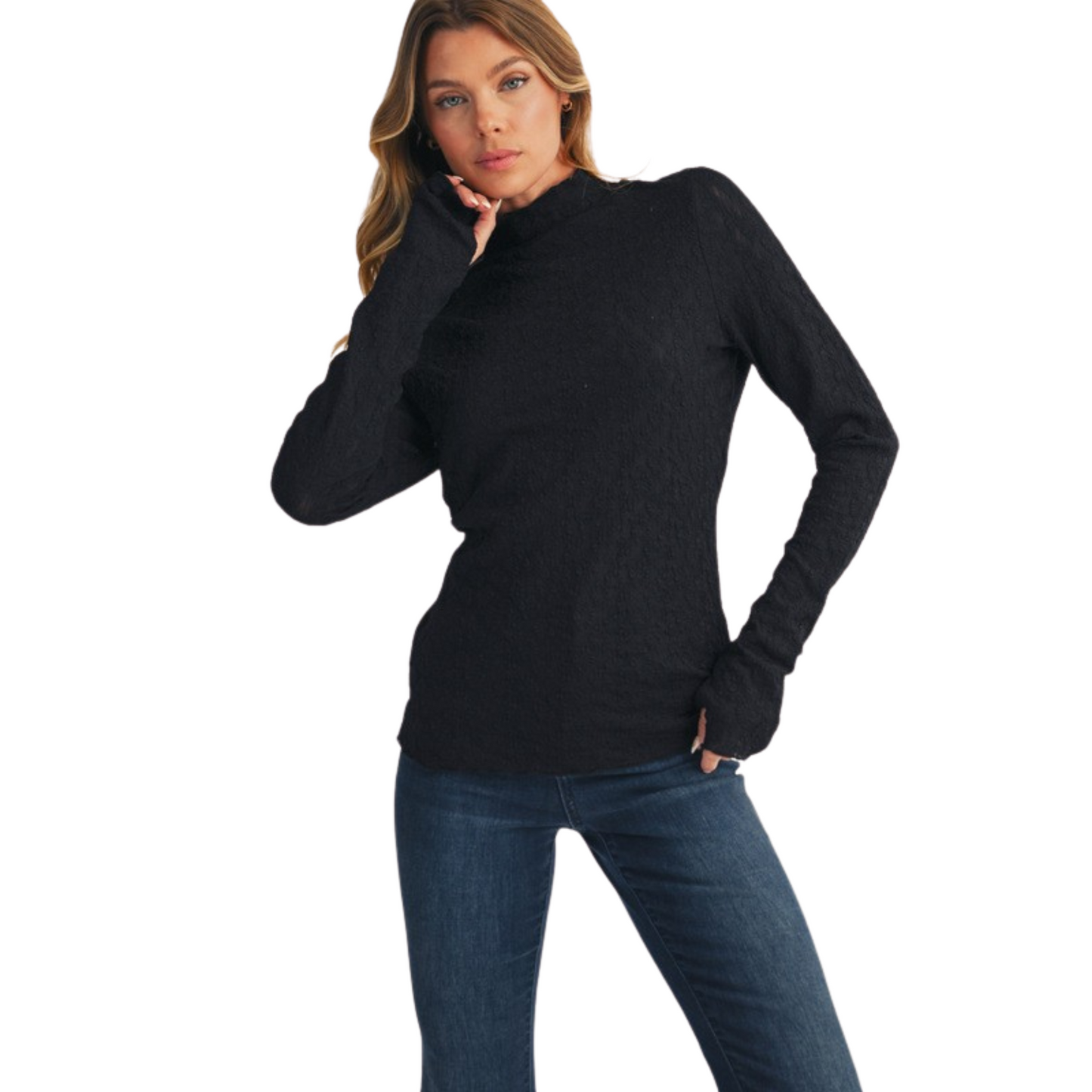 Mock Neck Lace Top in Black
