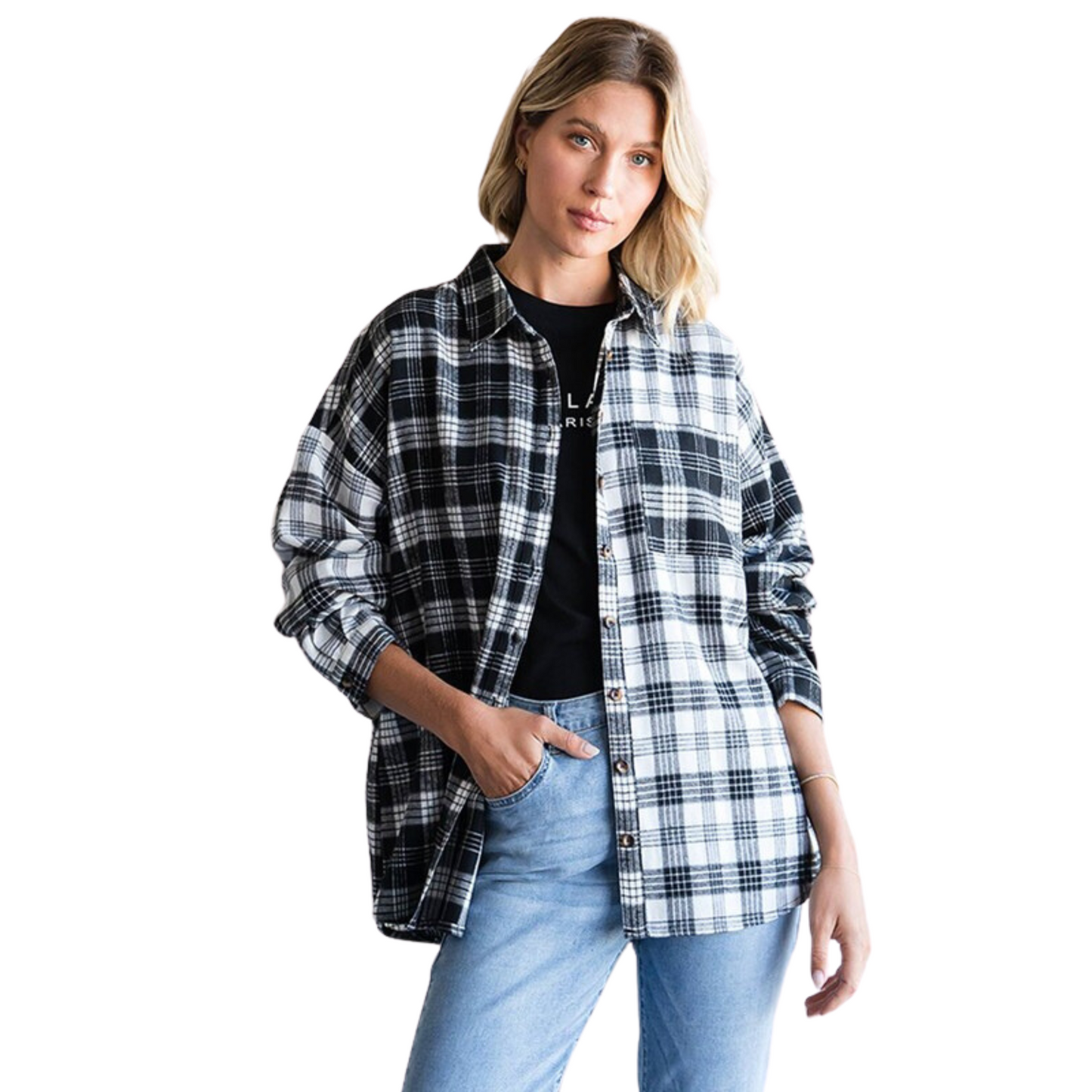 This collared, button-up shirt offers a classic look for any occasion. The black and white checkered pattern makes for an updated look, perfect for any wardrobe. It pairs perfectly with jeans or dress pants, making it easy to match with any outfit.