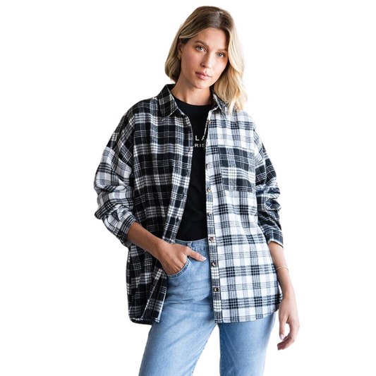This collared, button-up shirt offers a classic look for any occasion. The black and white checkered pattern makes for an updated look, perfect for any wardrobe. It pairs perfectly with jeans or dress pants, making it easy to match with any outfit.