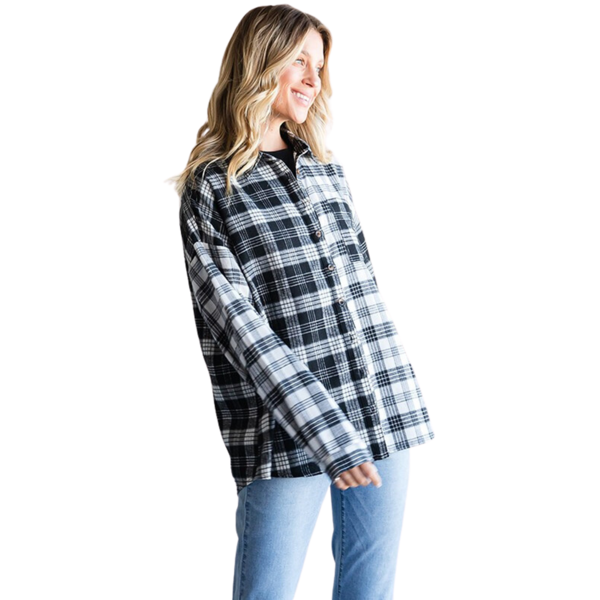 This collared, button-up shirt offers a classic look for any occasion. The black and white checkered pattern makes for an updated look, perfect for any wardrobe. It pairs perfectly with jeans or dress pants, making it easy to match with any outfit.