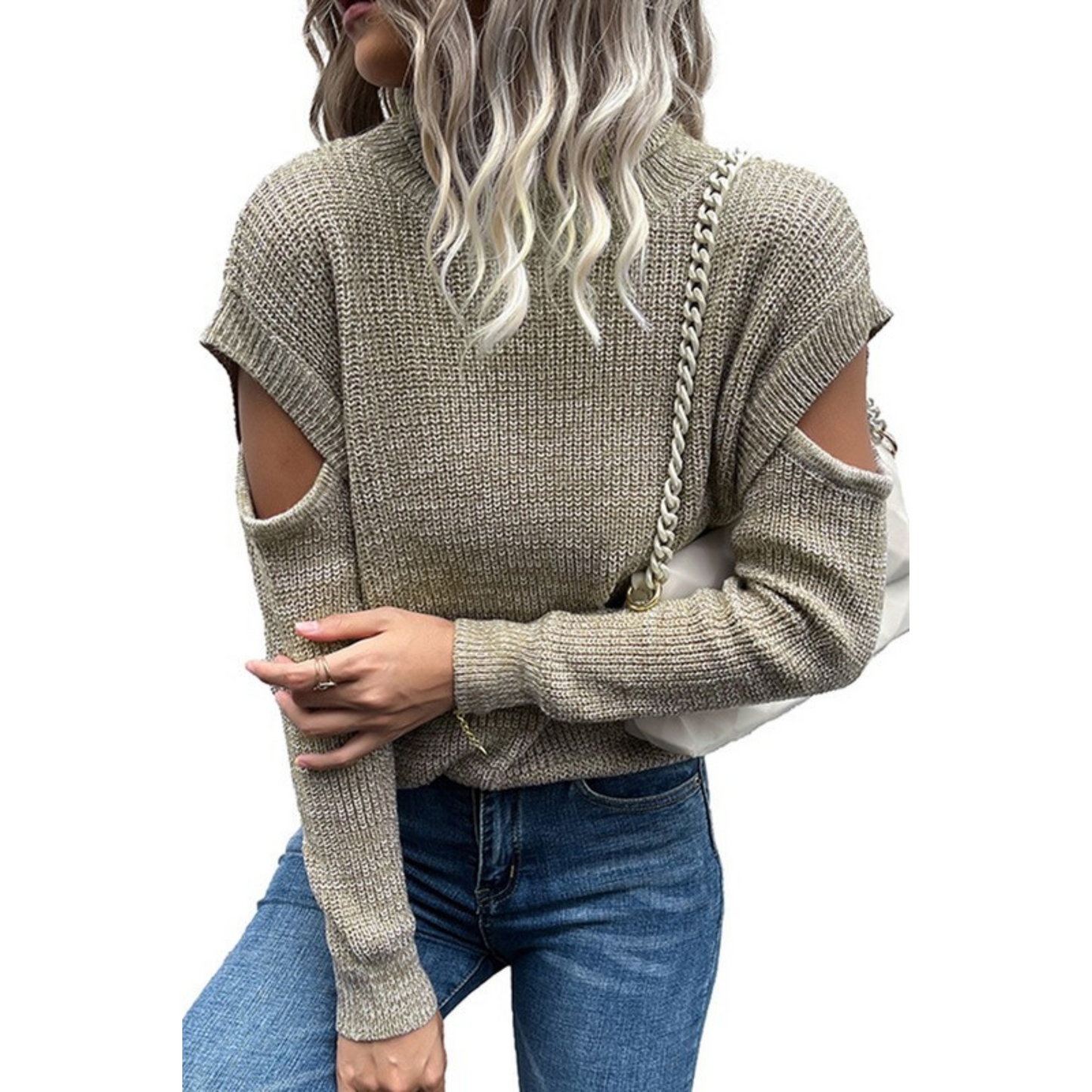 This Cut Off Detailed Turtleneck Sweater is both stylish and practical. It has tasteful ribbed detailing and a turtleneck for added warmth. The taupe color is subtle and versatile, perfect for any outfit.