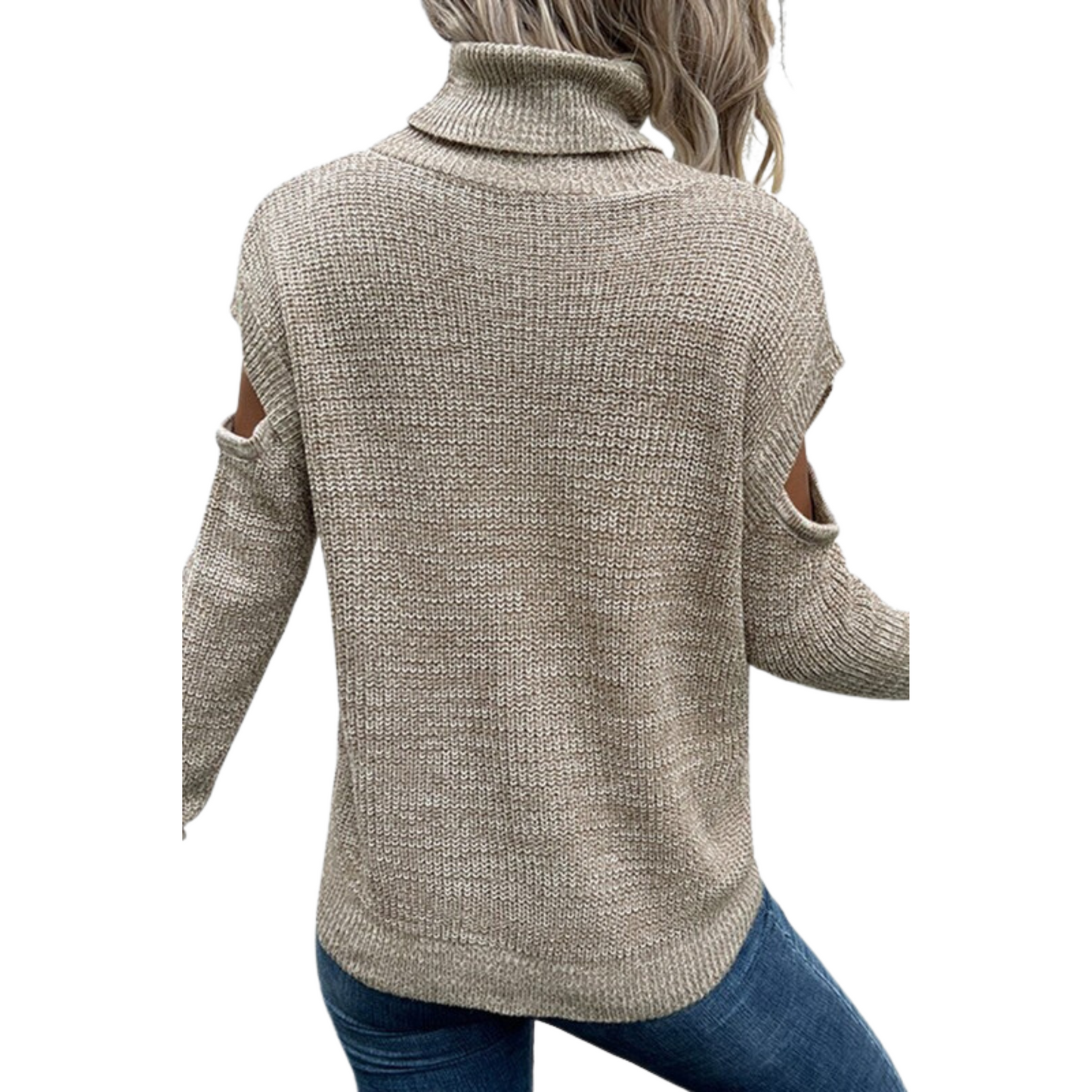 This Cut Off Detailed Turtleneck Sweater is both stylish and practical. It has tasteful ribbed detailing and a turtleneck for added warmth. The taupe color is subtle and versatile, perfect for any outfit.