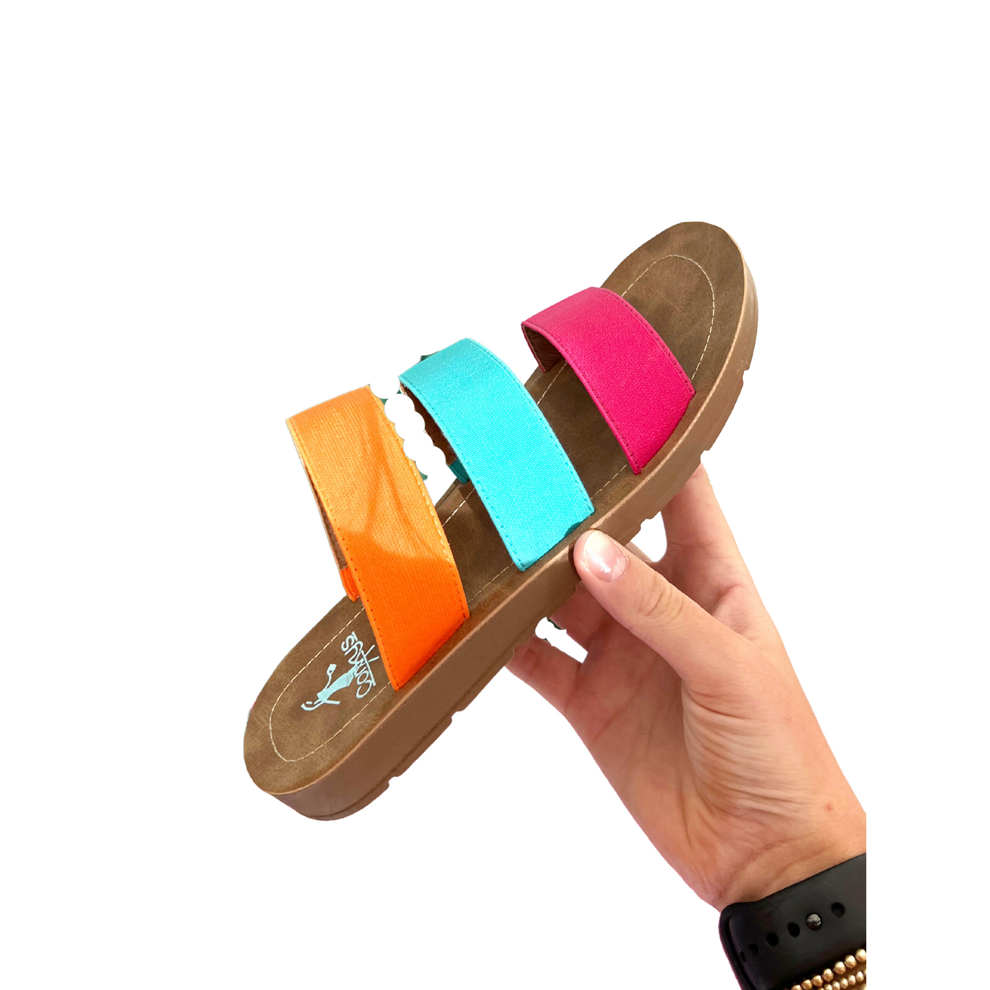 Introducing the Dafne sandal, perfect for your next beach day. It comes with tricolor straps in pink, blue and orange, and is the perfect way to make a splash. With a subtle yet stylish look, you'll be sure to look your best on the beach.