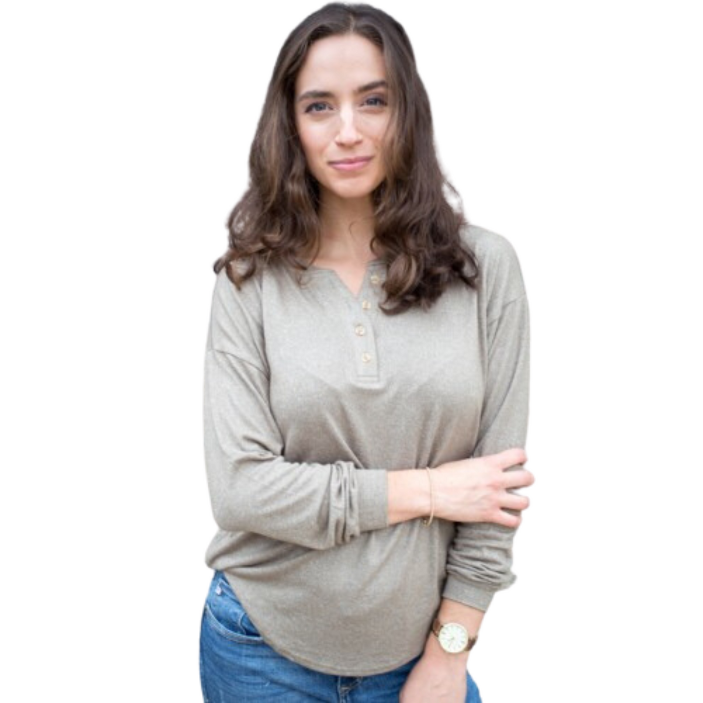 This Drop Sleeve Button Top offers a fashionable and comfortable fit. With options in both cocoa and olive colors and plus size availability, you can find the perfect top suitable for any occasion. Its V-neck design and drop sleeve give it a stylish look that is sure to turn heads.