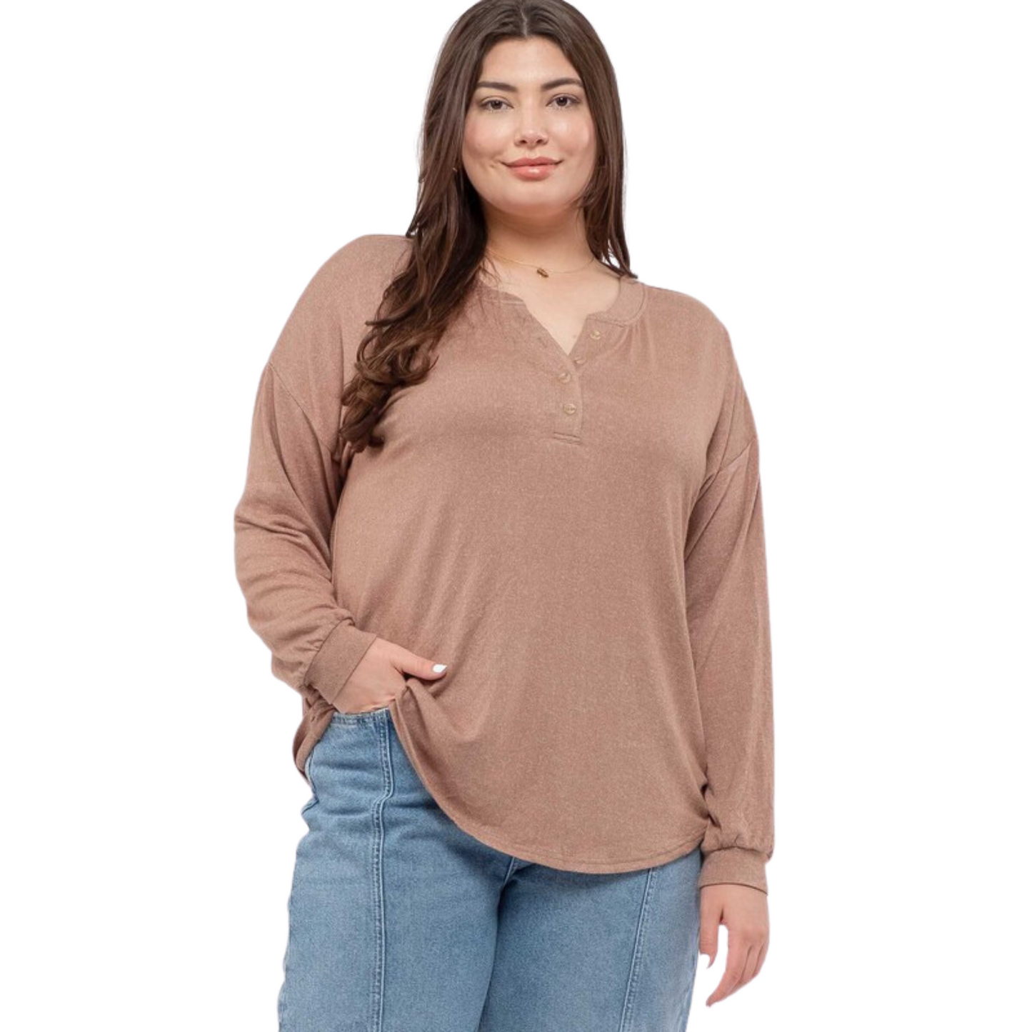 This Drop Sleeve Button Top offers a fashionable and comfortable fit. With options in both cocoa and olive colors and plus size availability, you can find the perfect top suitable for any occasion. Its V-neck design and drop sleeve give it a stylish look that is sure to turn heads.