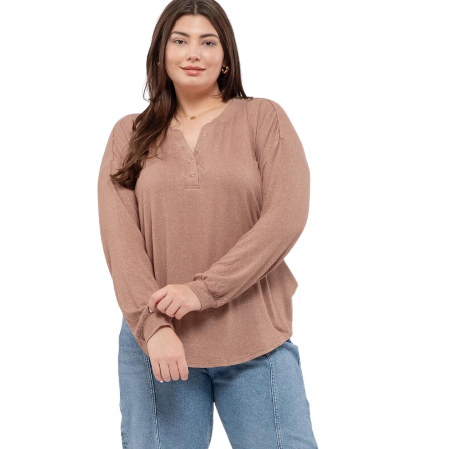 This Drop Sleeve Button Top offers a fashionable and comfortable fit. With options in both cocoa and olive colors and plus size availability, you can find the perfect top suitable for any occasion. Its V-neck design and drop sleeve give it a stylish look that is sure to turn heads.