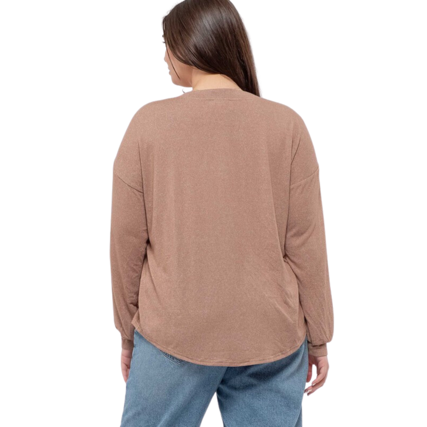 This Drop Sleeve Button Top offers a fashionable and comfortable fit. With options in both cocoa and olive colors and plus size availability, you can find the perfect top suitable for any occasion. Its V-neck design and drop sleeve give it a stylish look that is sure to turn heads.