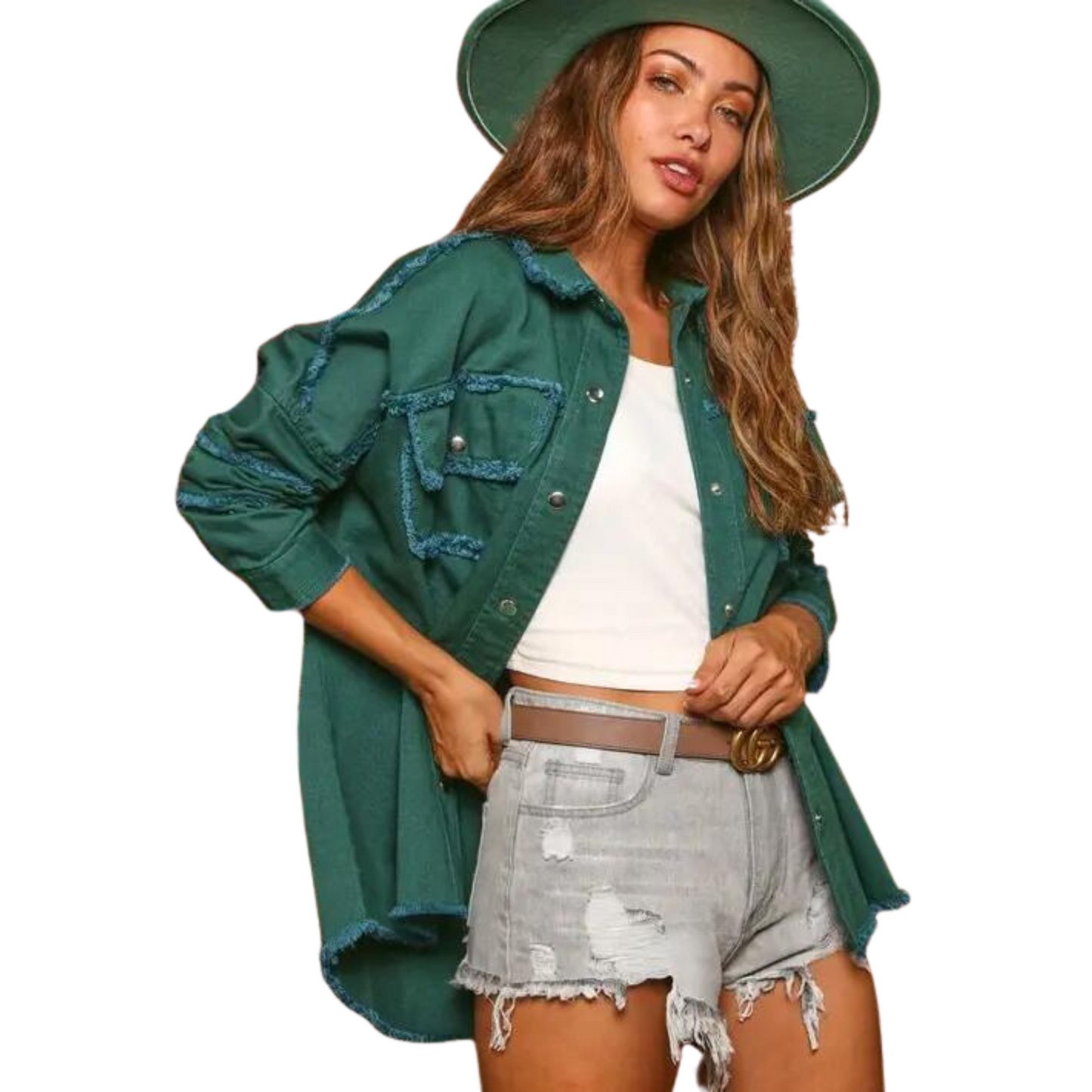 Look stylish and stay warm in this green frayed woven shacket. Featuring a collared neckline, a button-up front, and warm fabric, this shacket is perfect for the colder months. It's sure to become a staple in your wardrobe.