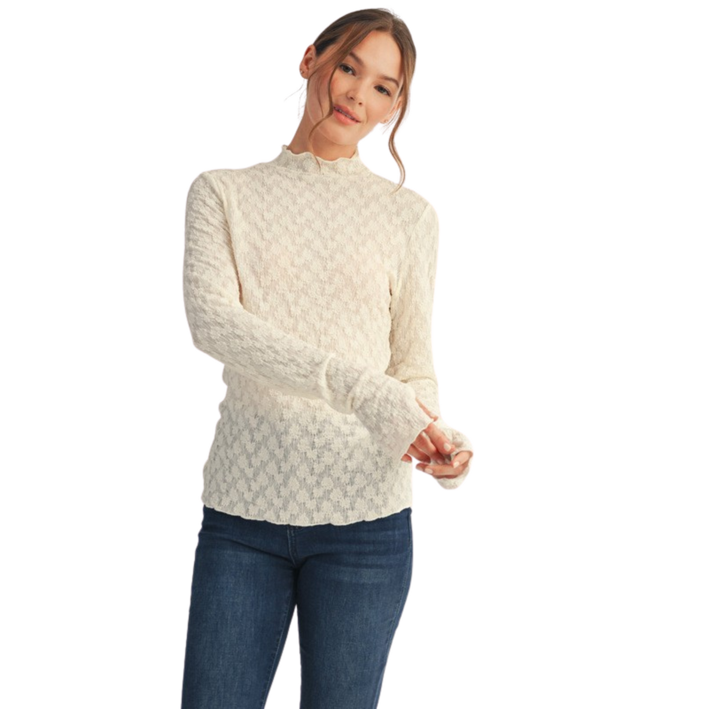 Mock Neck Lace Top in Ivory