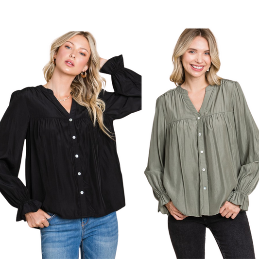 This Long Sleeve Button Down Top not only provides a classic and professional look, but also an easy accessibility to any outfit. Made from lightweight material, it comes in two colors, sage and black, making it an easily matching option in any wardrobe. It features a flattering v neckline and a button-down closure for the perfect finish.