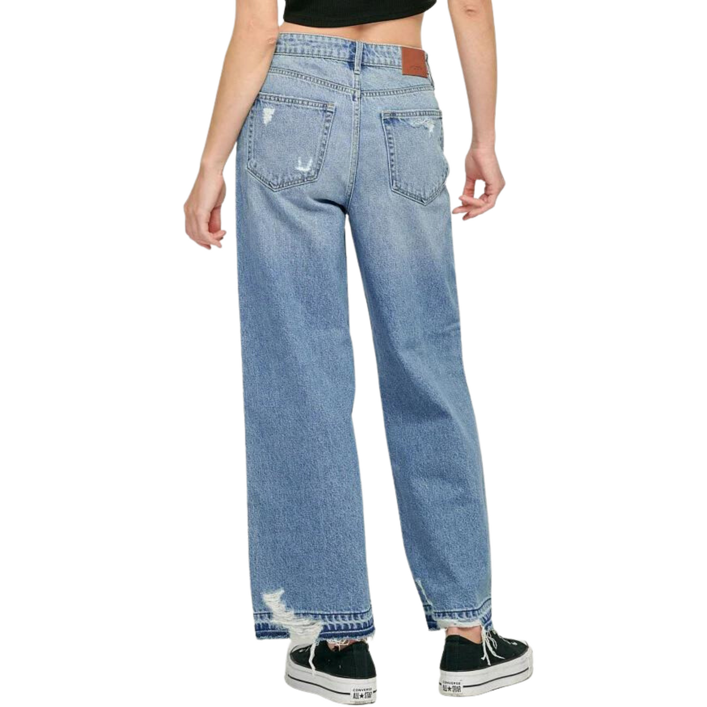 Our Nori High Rise Wide Leg Jeans offer the perfect mix of style and comfort. Crafted from medium wash denim with distressed details, they flatter every figure with their wide leg fit, high rise waistline, and soft stretch fabric. Get a timeless look with these classic jeans.