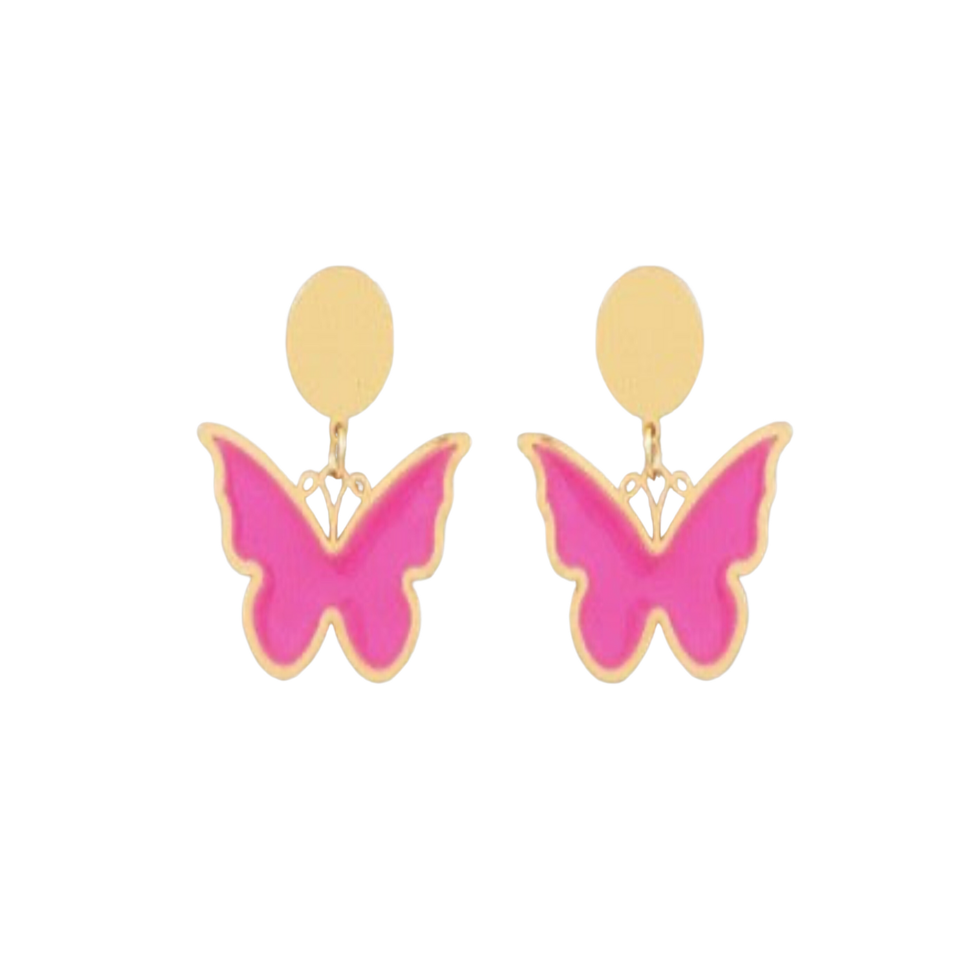 These Colored Butterfly Dangle Earrings feature a unique, butterfly pendant and come in two striking colors; pink and white. A great addition to any wardrobe, the earrings have a secure dangle design so you don't have to worry about your look. Put the finishing touch on your outfit with these statement earrings!