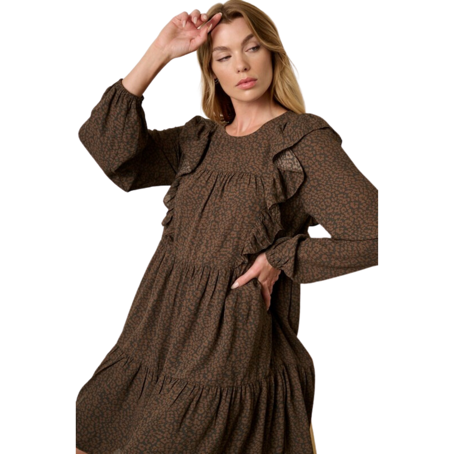 Look chic and sophisticated in our Animal Print Mini Dress. Crafted from a luxurious woven fabric, this mocha-colored beauty features a round neck, keyhole back with button closure, and ruffle detail for added elegance. The long sleeve design ensures you stay comfortable and stylish.