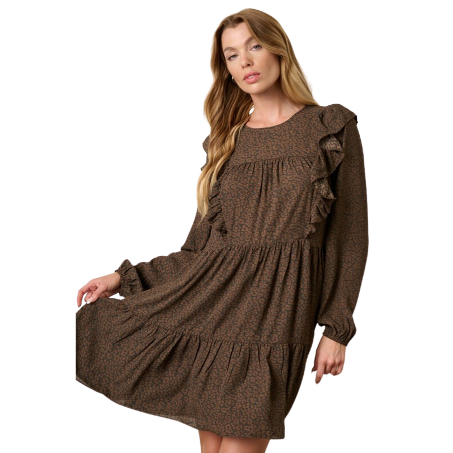 Look chic and sophisticated in our Animal Print Mini Dress. Crafted from a luxurious woven fabric, this mocha-colored beauty features a round neck, keyhole back with button closure, and ruffle detail for added elegance. The long sleeve design ensures you stay comfortable and stylish.