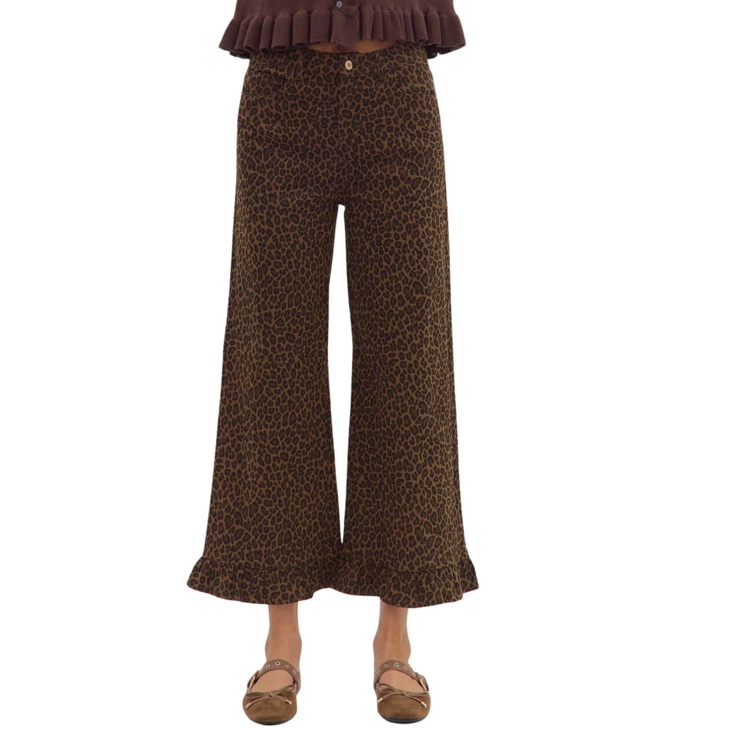 These cropped wide-leg pants from Entro fuse bold animal print with a sophisticated brown palette, creating a striking statement piece. The ruffle hem adds delicate movement and an elevated feminine touch, while the high-quality fabric ensures comfort and durability. Perfect for styling with both casual and dressy tops, they offer versatile wear for a confident, fashion-forward look.