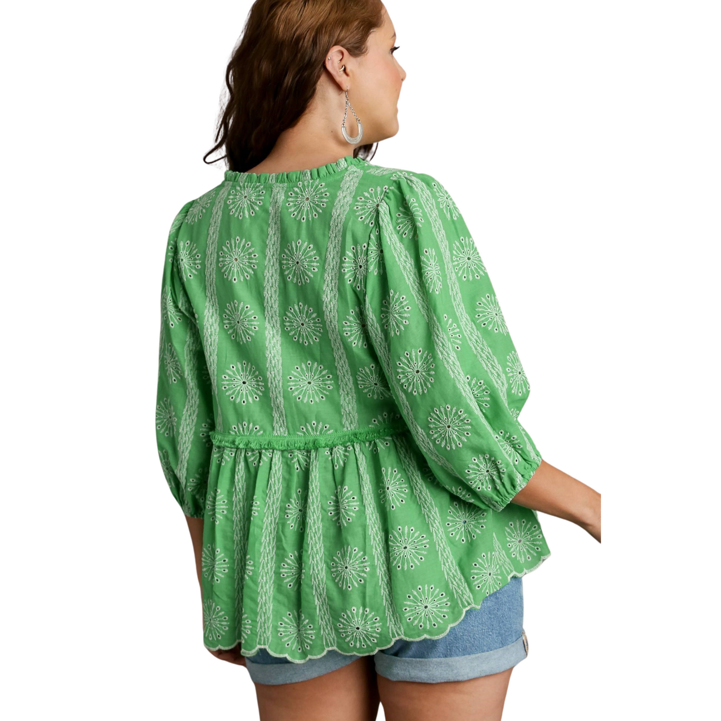 Expertly crafted in a beautiful apple green, this plus size embroidered babydoll top features a flattering v-neckline. Perfect for any occasion, this top adds a touch of elegance and style to any outfit. Dress it up or down, this top is a must-have for any wardrobe.