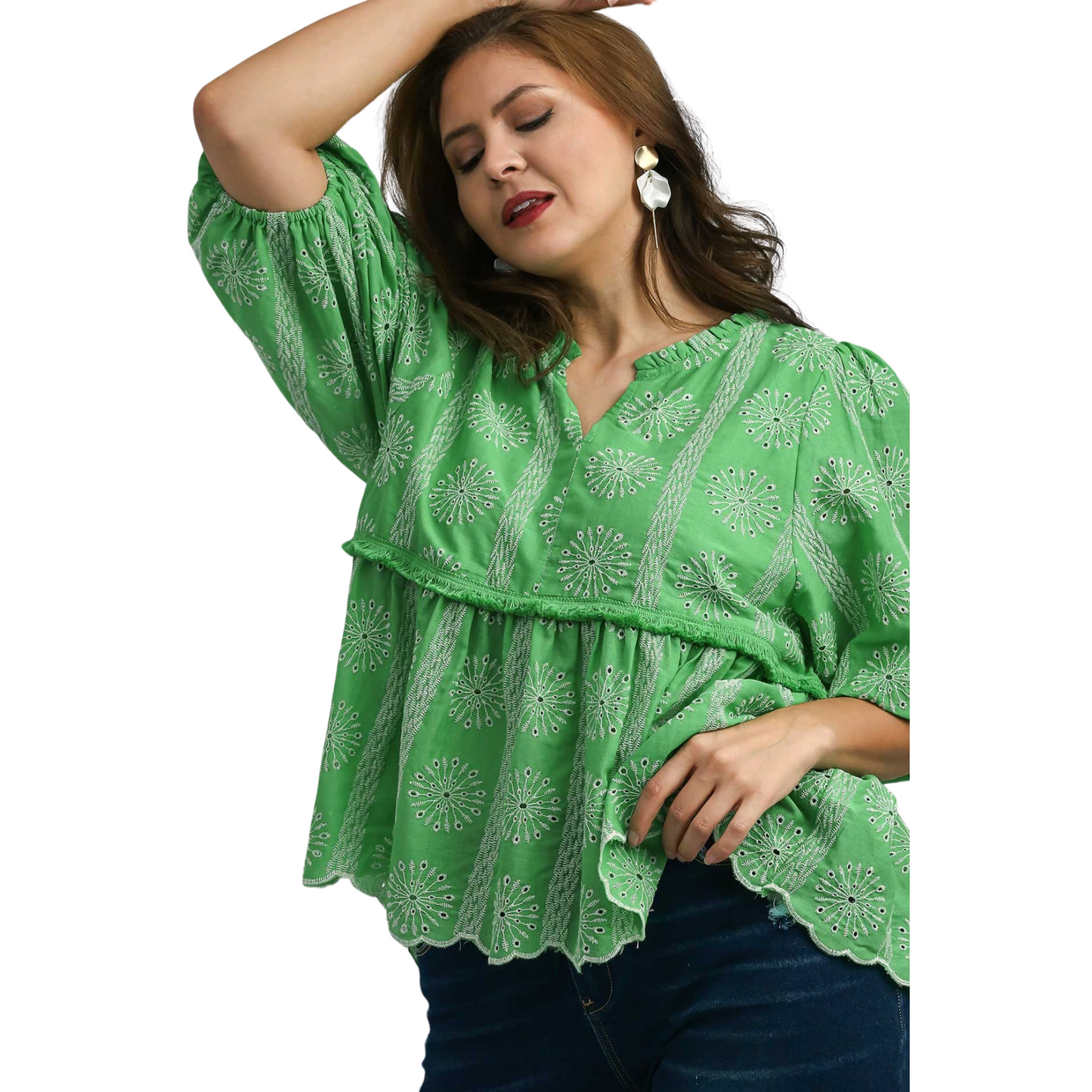 Expertly crafted in a beautiful apple green, this plus size embroidered babydoll top features a flattering v-neckline. Perfect for any occasion, this top adds a touch of elegance and style to any outfit. Dress it up or down, this top is a must-have for any wardrobe.