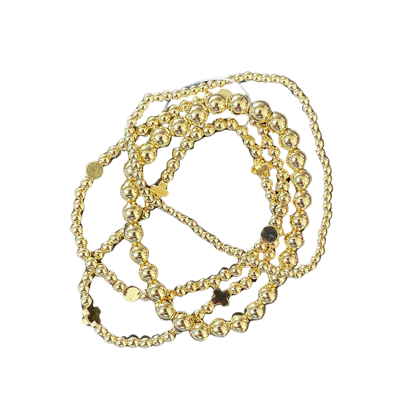Elevate your wrist game with this stunning beaded layered bracelet. Crafted with lustrous gold-toned beads, this piece features a comfortable stretchy design that adapts to any wrist size. The multi-layered construction adds depth and dimension, creating an eye-catching look that transitions seamlessly from casual to dressy. Perfect for stacking or wearing solo, this versatile bracelet brings effortless elegance to any outfit.