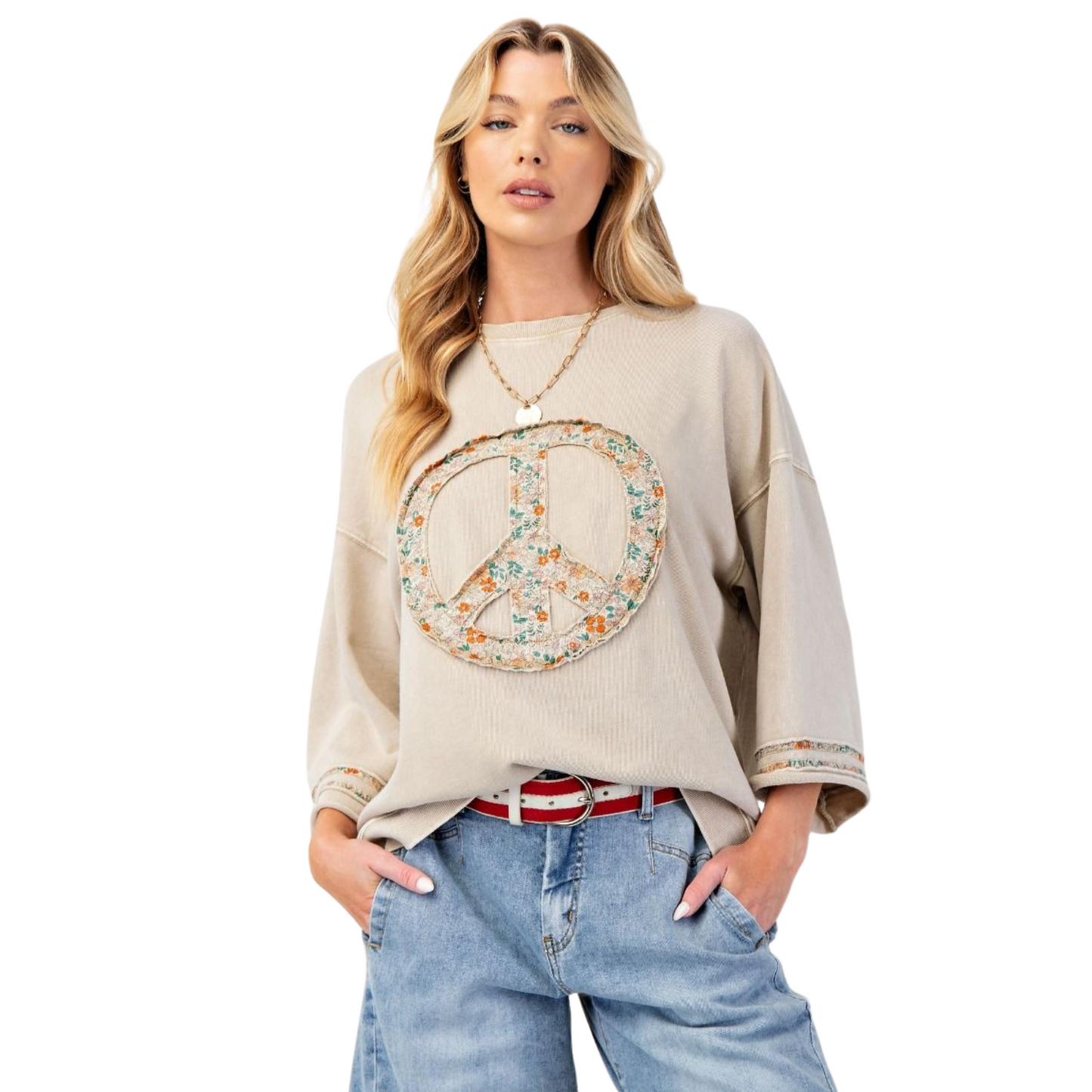 Half sleeve peace sign top in beige