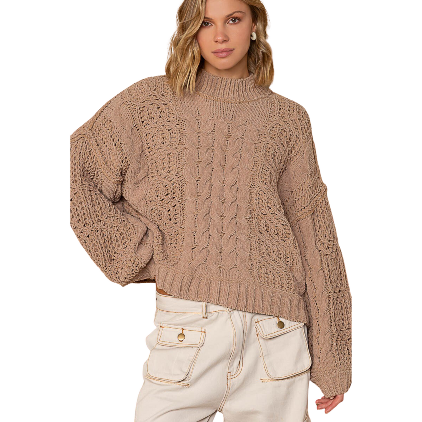 Mock Neck Cable Knit Sweater in Mocha Beige