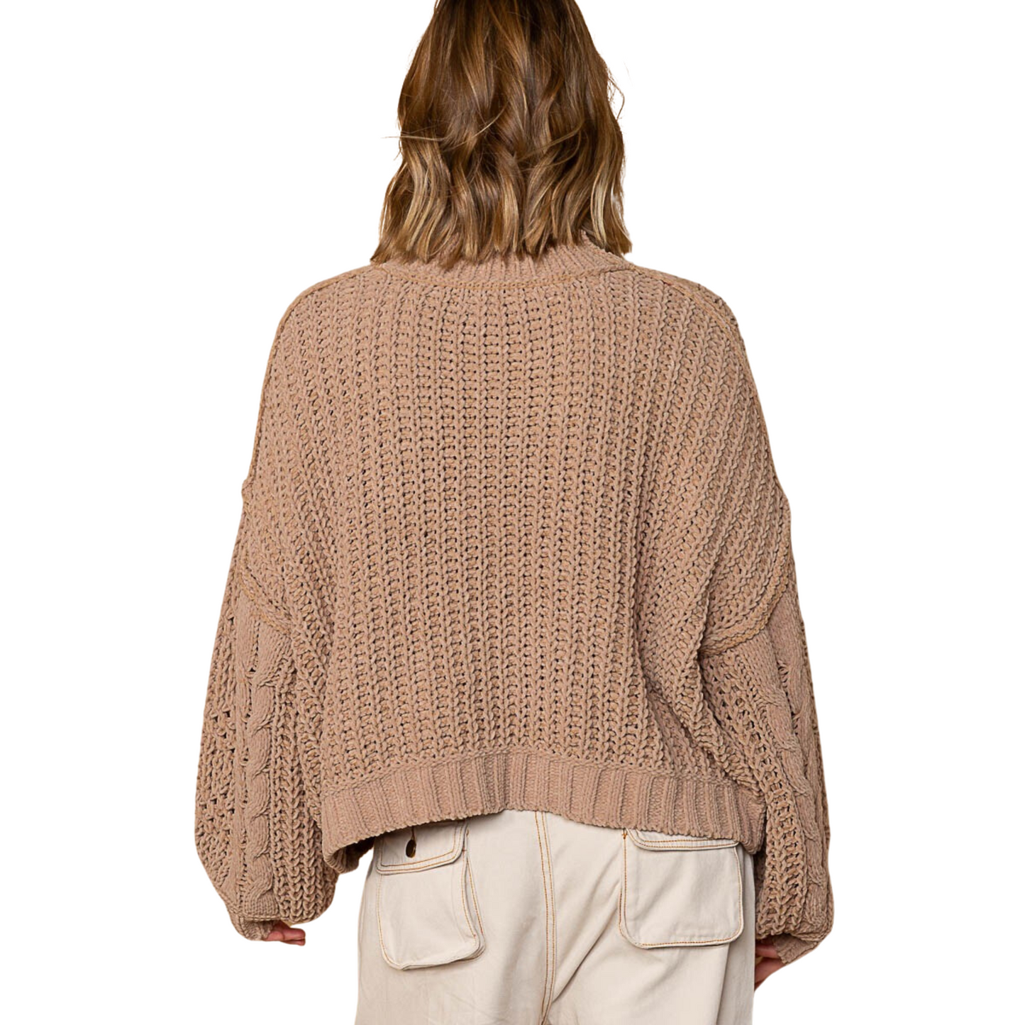Mock Neck Cable Knit Sweater in Mocha Beige