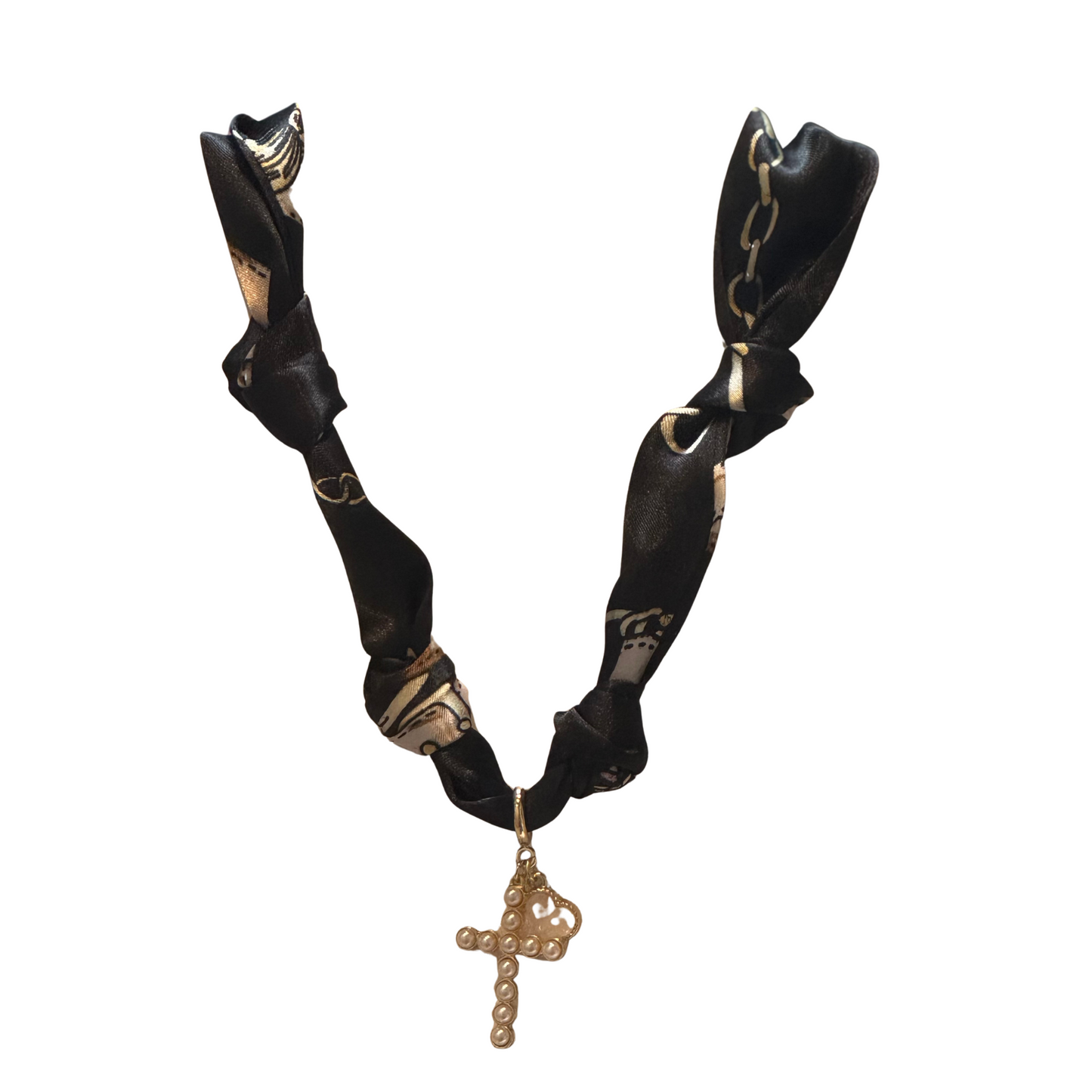 Black scarf necklace with pearl cross pendant