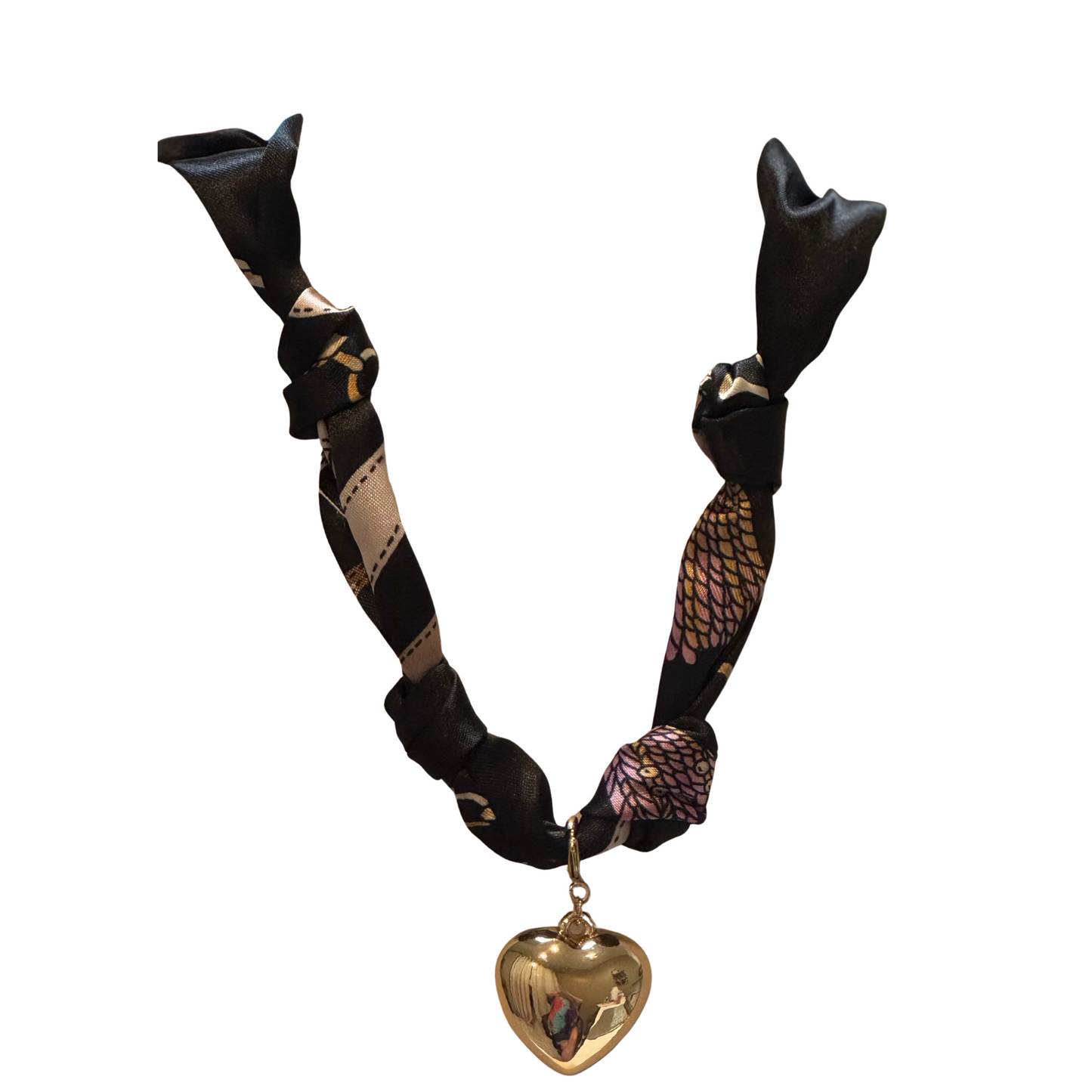 Black scarf necklace with gold heart pendant