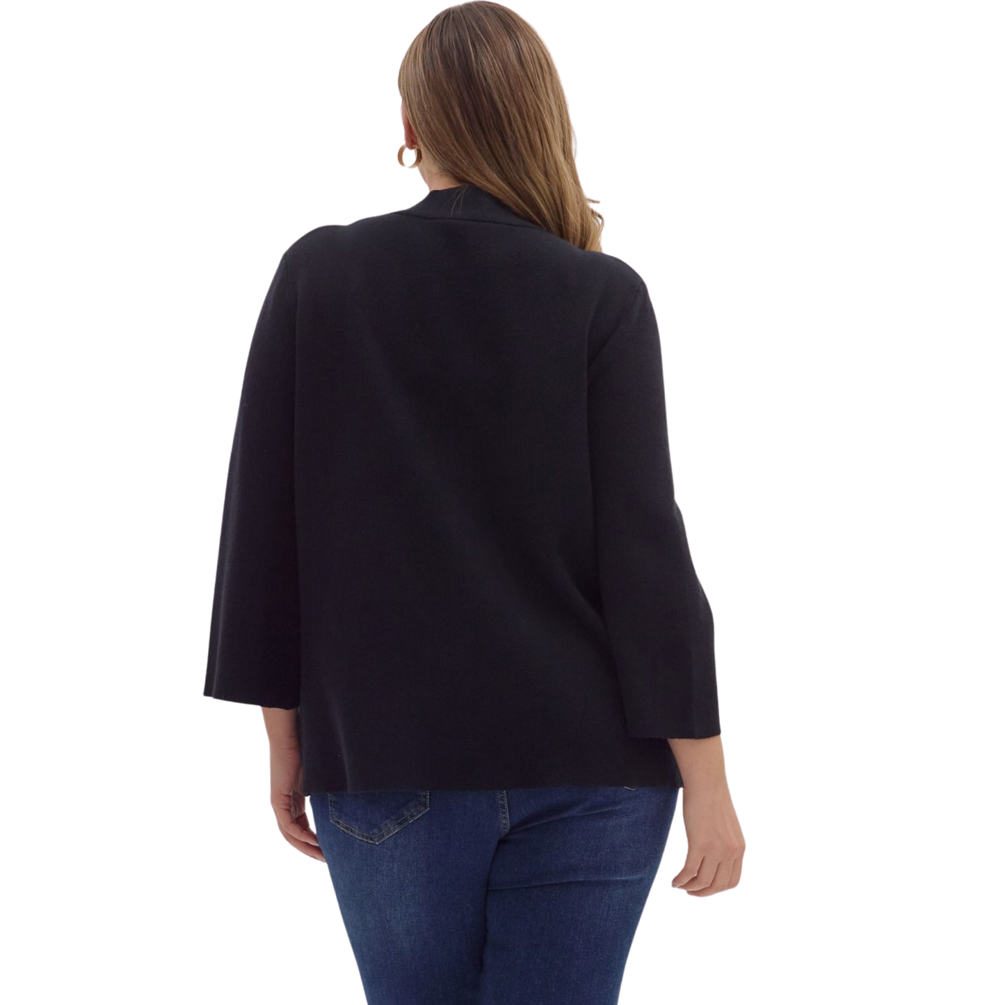 This sleek black top features a sophisticated mock neck and comfortable 3/4 length sleeves, crafted by Entro for a refined fit. Its streamlined silhouette makes it a versatile piece, perfect for layering or wearing alone to elevate your wardrobe with understated elegance.