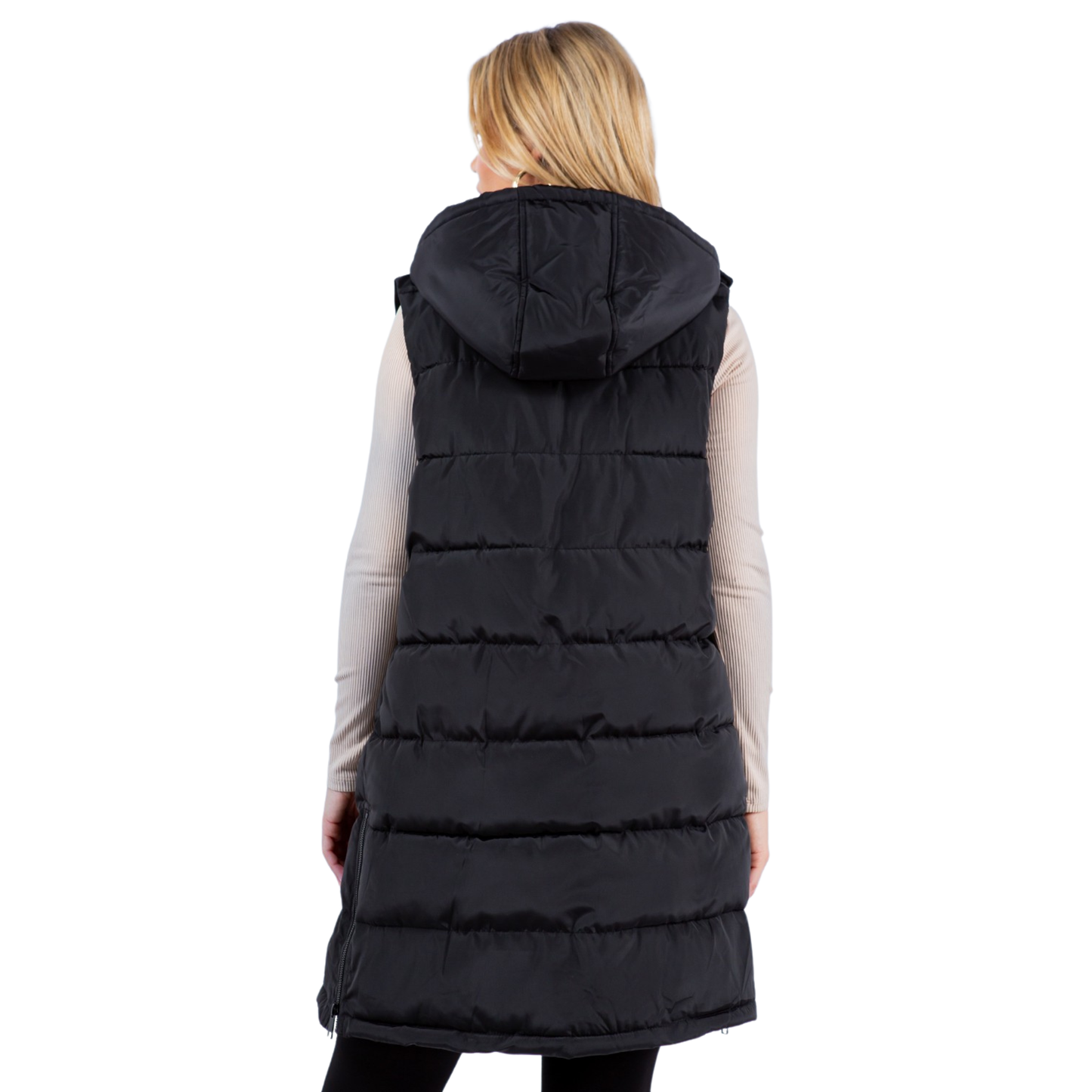 Stay warm without the bulk. This sleeveless puffer vest delivers serious insulation in a streamlined silhouette, perfect for layering over any outfit. The extended length provides extra coverage, while the attached hood adds versatile protection from the elements. Crafted by Diamante Jeans, this black vest combines functionality with contemporary style—ideal for transitional weather or as a lightweight outer layer.