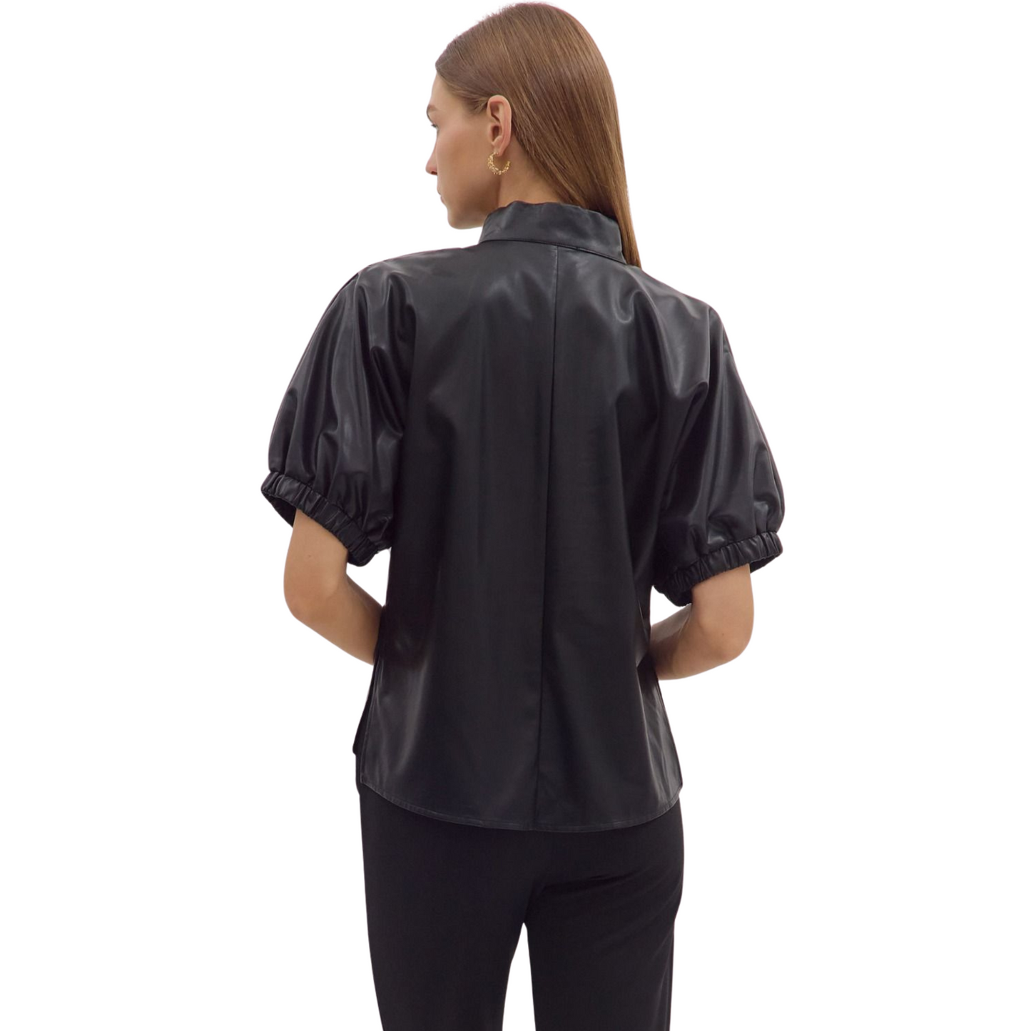 Elevate your wardrobe with this expert-crafted Solid Puff Sleeve Top by Entro. Featuring a flattering black V-neck and short puff sleeves, it balances classic style with a modern twist. Designed for both comfort and sophistication, this top is perfect for layering or wearing on its own for a polished, professional look.