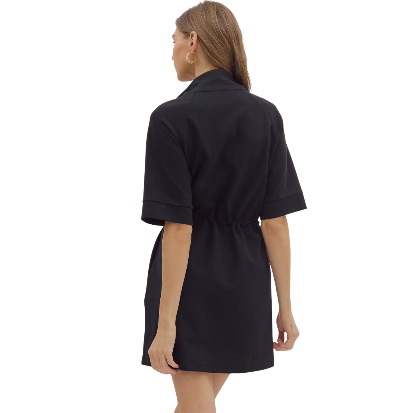 This black Zip Front Pullover Dress by Entro combines effortless style with functional design. Crafted from lightweight knit fabric, it offers a comfortable, breathable fit without being sheer. The short sleeves and high neck with zip-front closure add modern appeal, while the adjustable drawstring at the waist allows for a customizable silhouette. Practical side pockets enhance convenience, making this unlined mini dress perfect for versatile everyday wear.