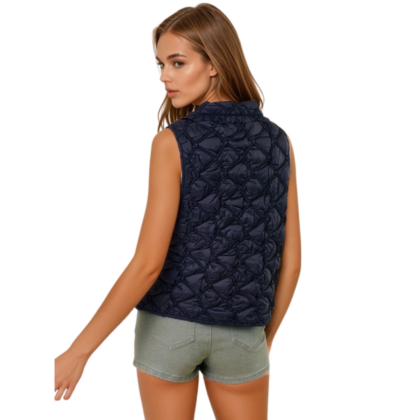 Elevate your layering game with the Doe and Rae Ruffled Quilted Vest. This black oversized piece features a distinctive quilted texture and a structured collar for added sophistication. Its convenient tie closure allows for an adjustable fit, combining style with comfort. Perfect for transitional weather, this vest offers versatility while enhancing your outerwear collection with a refined, expert touch.