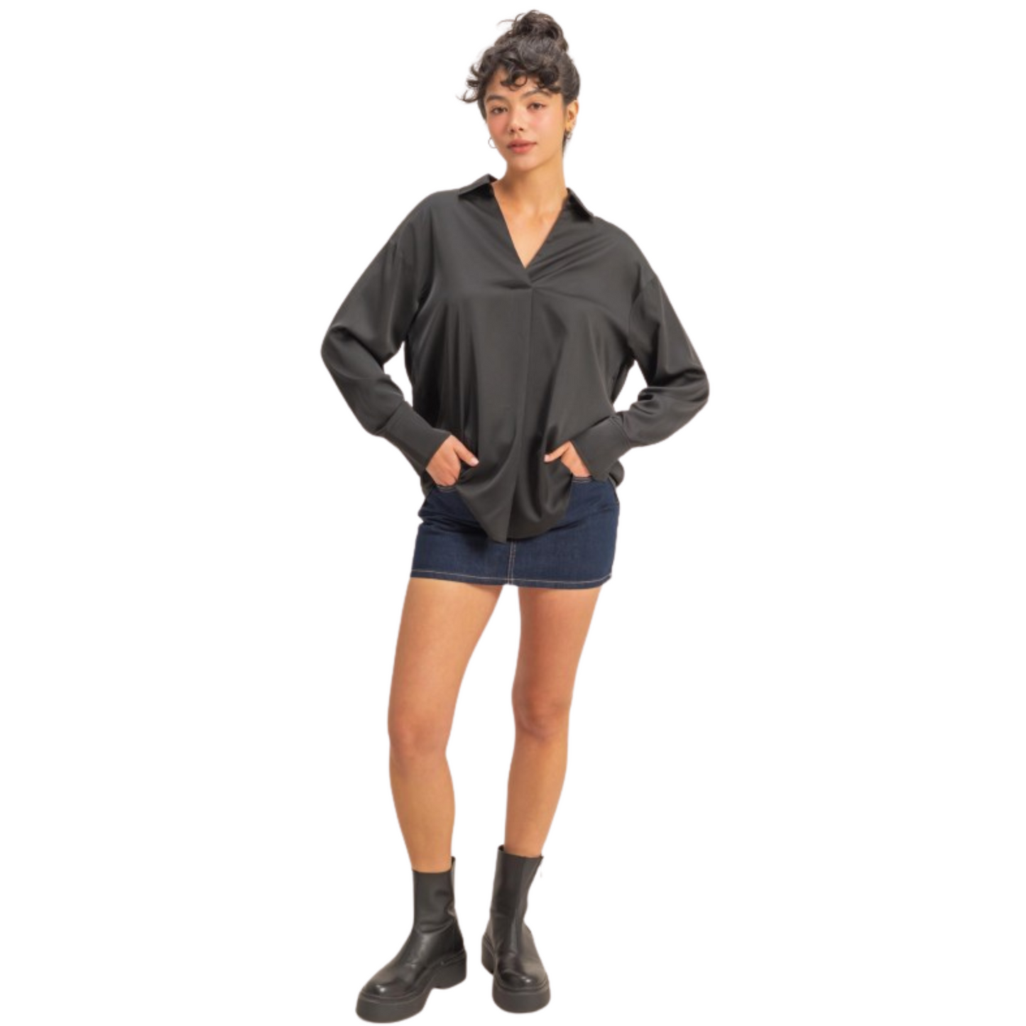Satin V-Neck Top in black