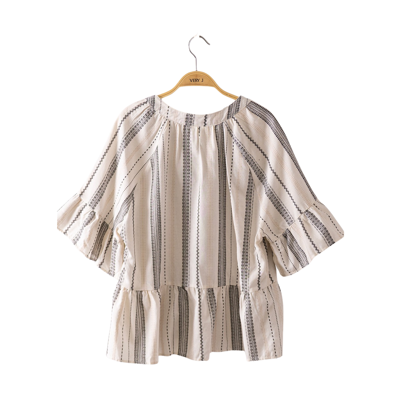 Elevate your wardrobe with this chic Striped Bell Sleeve Top by Very J. Featuring a classic cream and black striped pattern, this flattering piece combines timeless style with modern comfort. The V-neckline creates an elegant silhouette, while half sleeves transition into graceful bell cuffs for a feminine touch. Designed in plus size for a confident fit that celebrates your curves. Perfect for casual outings or dressed up for any occasion.