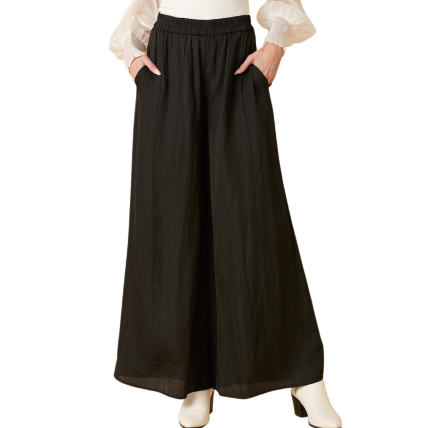 Satin wide leg pants in black