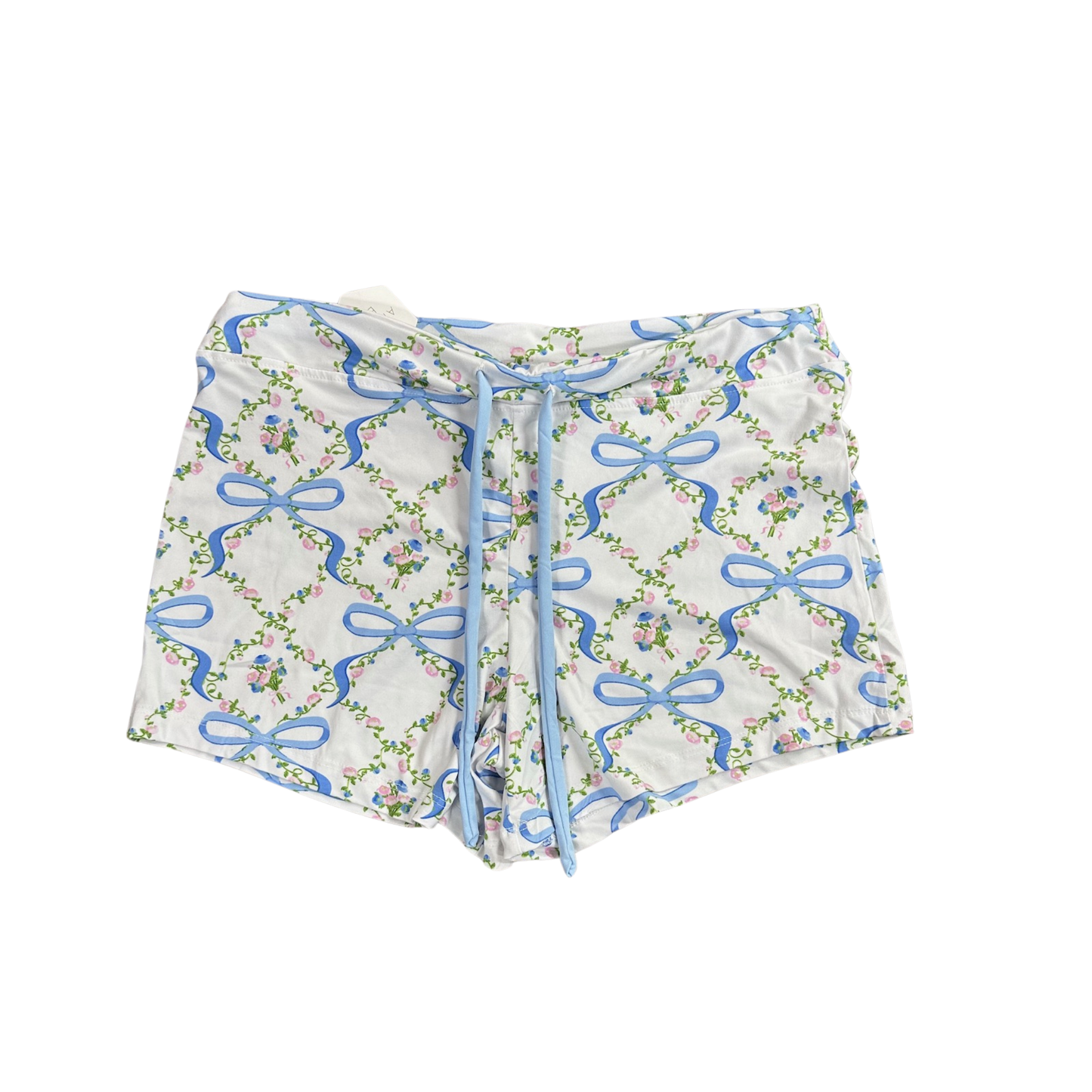 Bows & Blossoms Pajama Shorts from Amanda Blu combine comfort with charming design. These sleep shorts feature a delicate blossom and bow print that brings a touch of elegance to your nighttime routine. Crafted for all-night comfort, they're an ideal choice for anyone seeking quality sleepwear that doesn't compromise on style. Perfect for relaxation or as a thoughtful gift.
