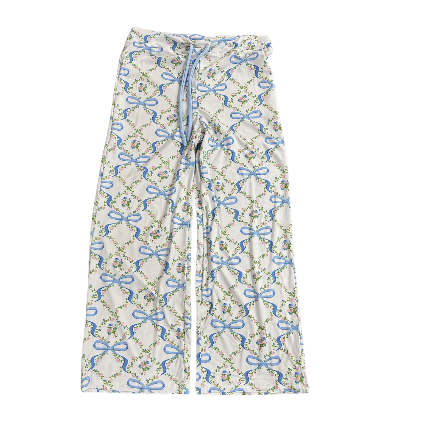 Bows & Blossoms Pajama Pants by Amanda Blu combine comfort with thoughtful design. These white sleep pants feature a charming bows and blossoms print accented in blue, creating an elegant yet relaxed aesthetic. The adjustable drawstring waist ensures a customized fit for all-night comfort. Crafted for quality rest, these pants deliver the softness and breathability you need for uninterrupted sleep while maintaining a polished appearance.