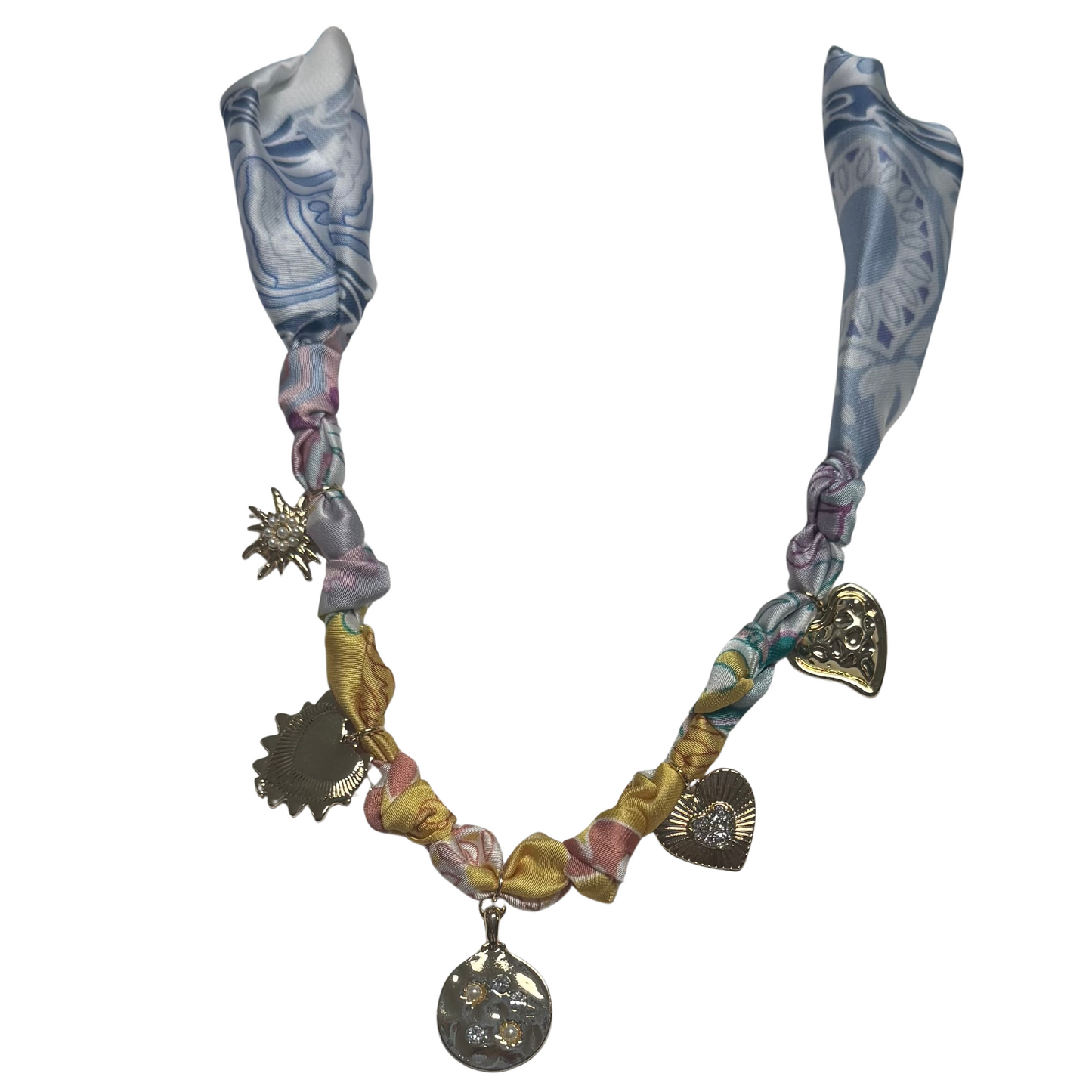 Blue and yellow scarf necklace with heart and sun charms