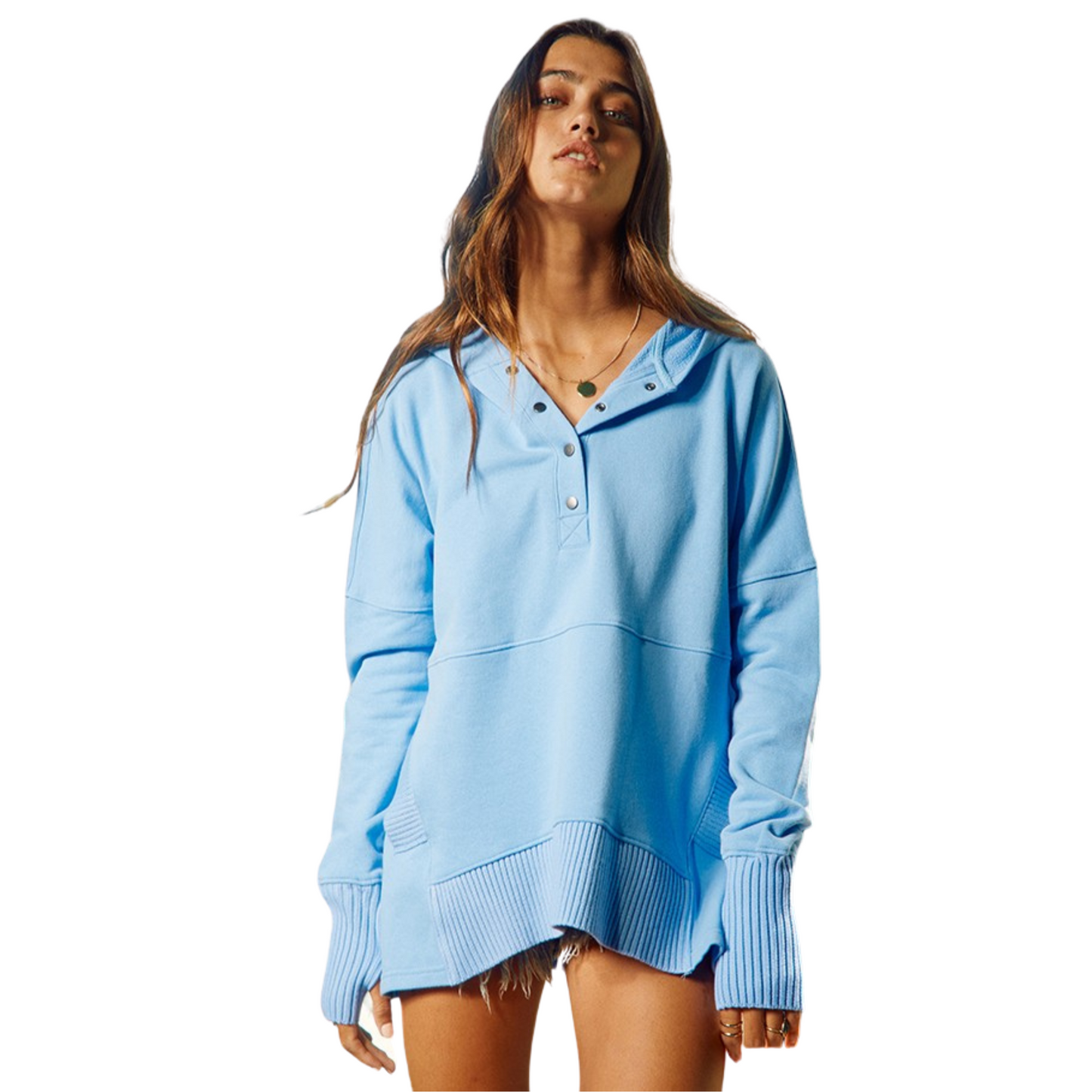 French Terry Boxy Hoodie Top in Blueberry