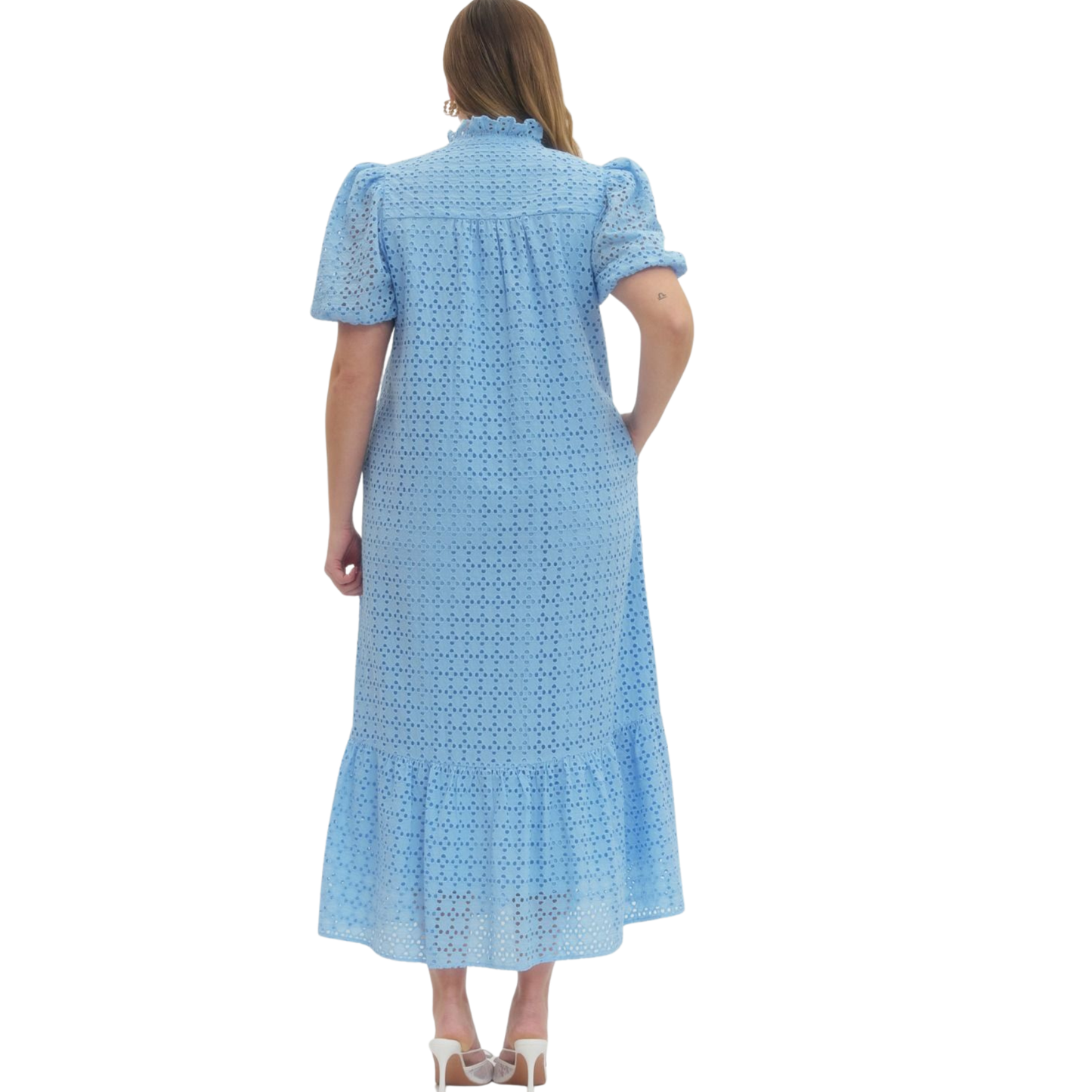 Elevate your wardrobe with this stunning Eyelet Puff Sleeve Midi Dress by Entro. Crafted in a rich blue hue, this piece features delicate eyelet detailing that adds texture and visual interest. The romantic puff sleeves create a flattering silhouette, while the mock neck provides a polished, sophisticated finish. Cut generously for plus-size comfort, this midi dress is perfect for everything from casual outings to special occasions.