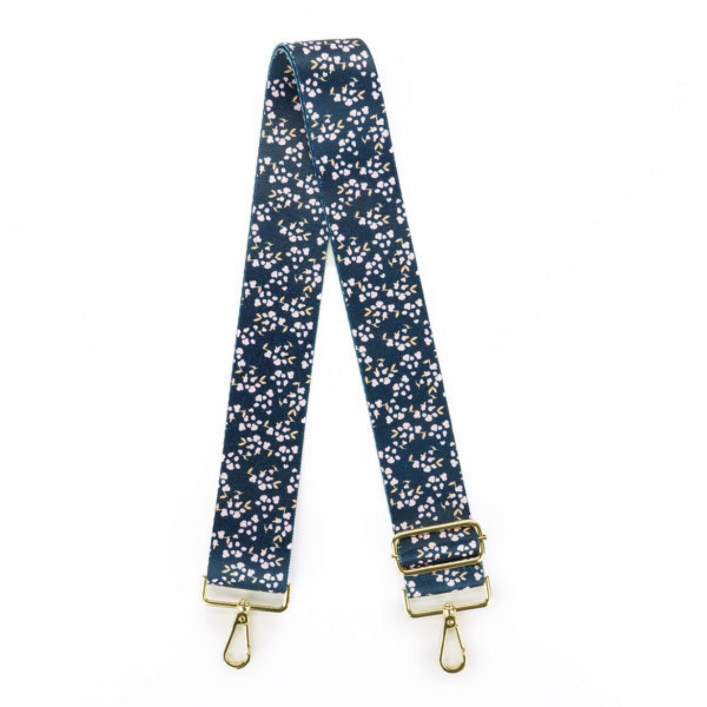 blue interchangeable purse strap with pink flower accents