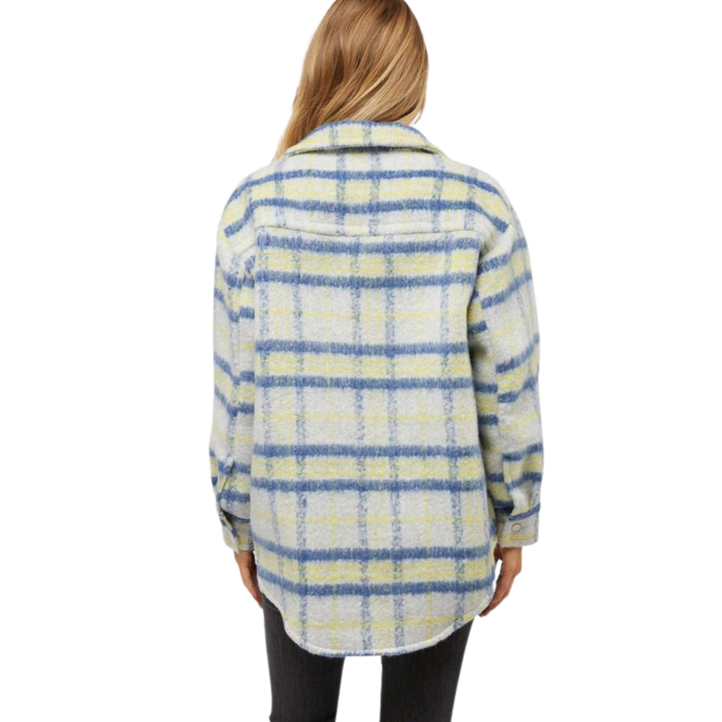 Stay comfortable and stylish with this Plaid Button Down Shacket. It features a blue and yellow plaid pattern and two pockets. The long sleeves keep you warm and the lightweight fabric is perfect for any season.