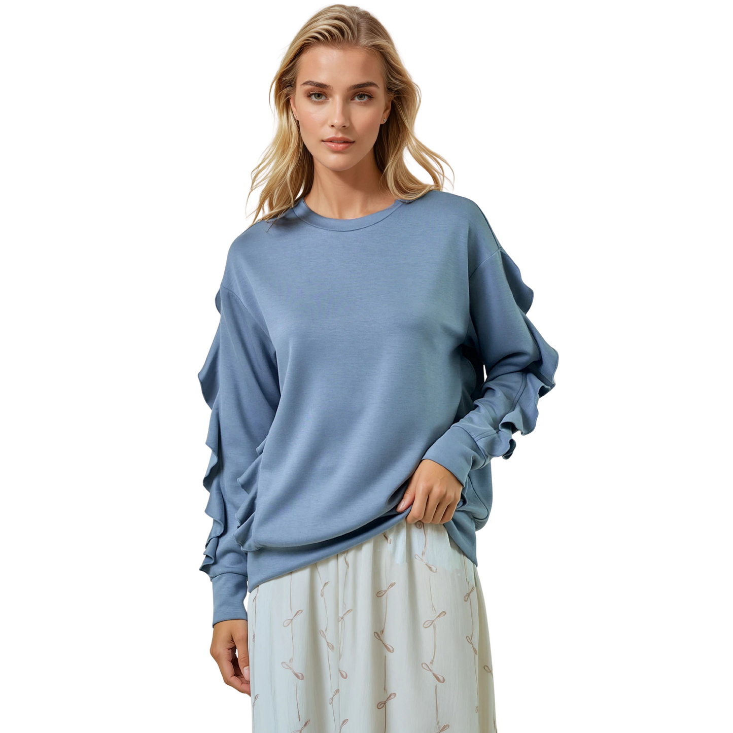 Elevate your casual wardrobe with the Soft Ruffle Sleeve Sweatshirt by Doe & Rae, featuring a sophisticated dusty blue hue and delicate ruffle sleeve detailing. Crafted for comfort and style, this sweatshirt offers a refined touch to everyday wear while maintaining a relaxed fit ideal for layering or standalone looks. Its unique design elements provide a subtle yet distinct silhouette that enhances your natural confidence with expert-tailored charm.