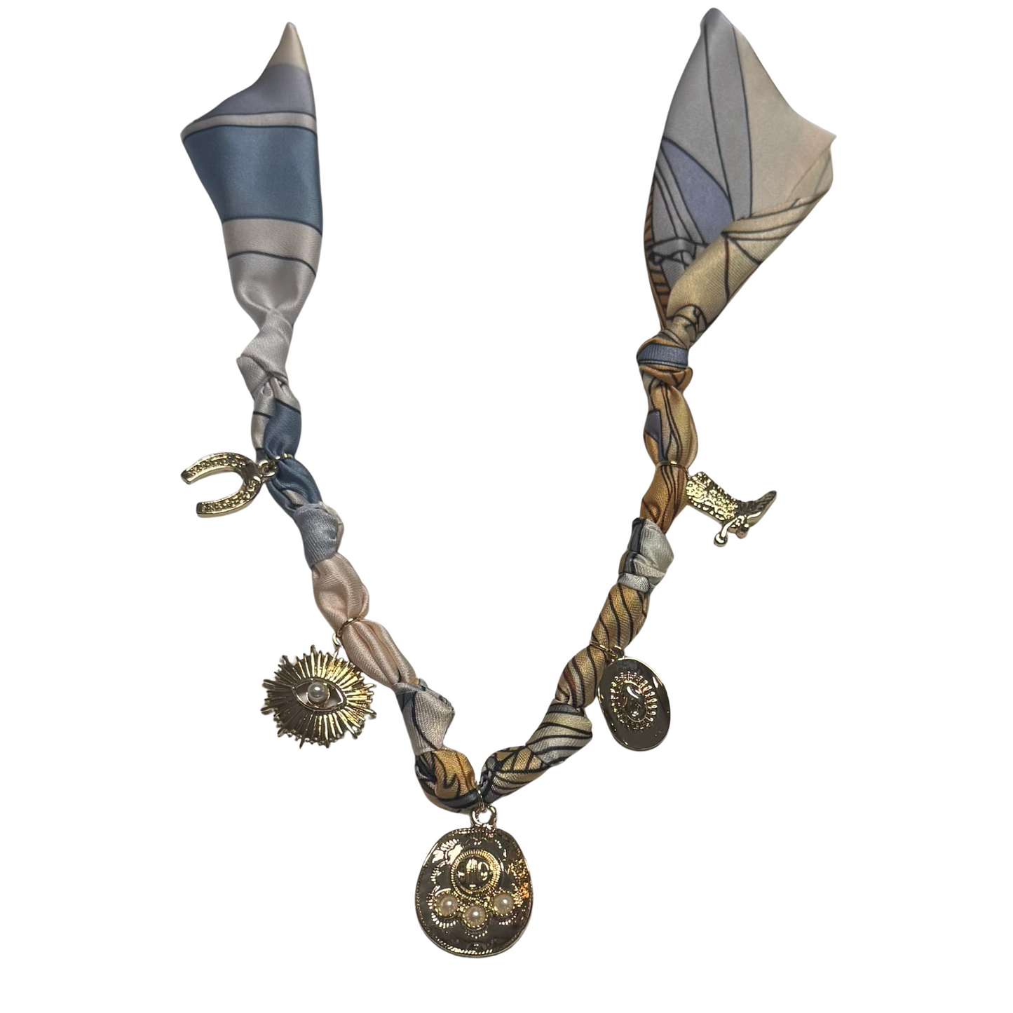 Blue scarf necklace with gold boot and horseshoe charms
