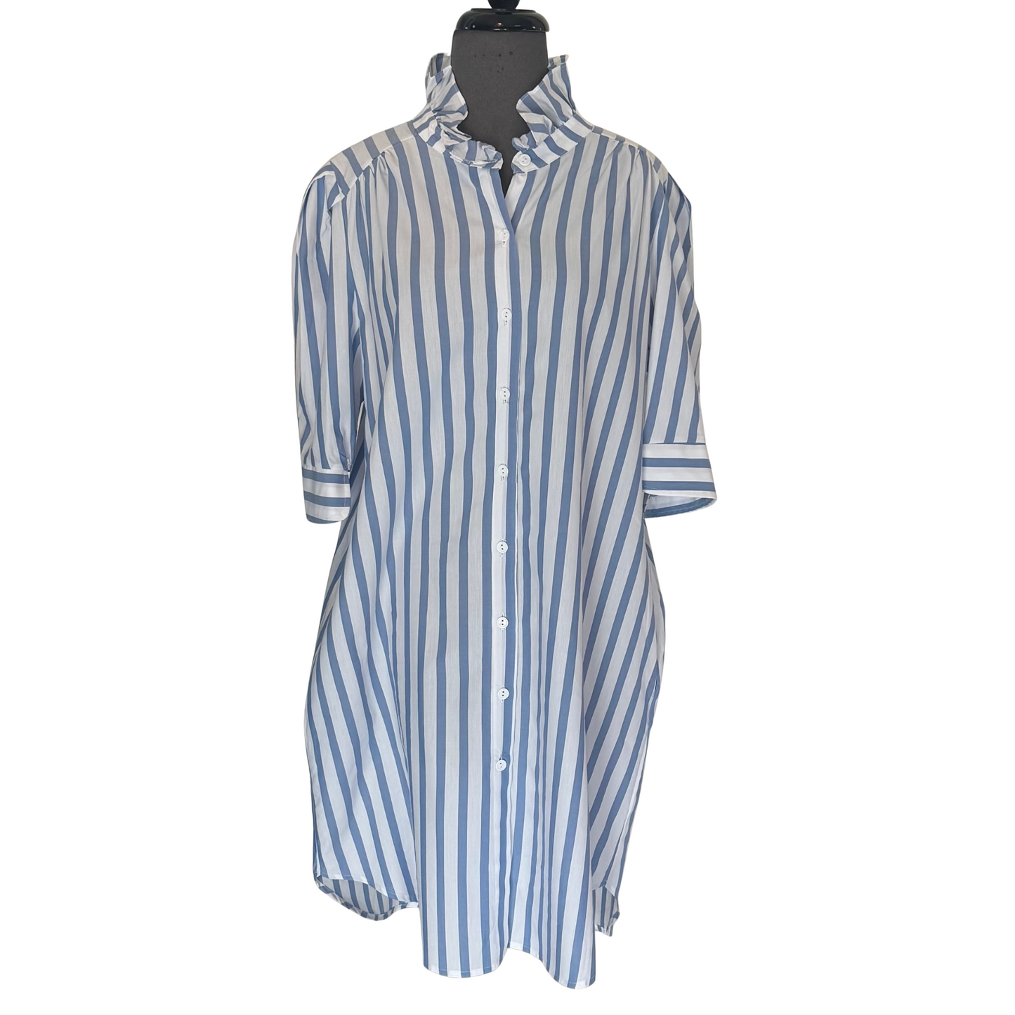 The Adrienne brand brings you the perfect dress for any occasion. This midi dress features a sophisticated blue and white stripe pattern, along with a trendy ruffle collar and puff sleeves. Elevate your style game with this timeless and chic addition to your wardrobe.