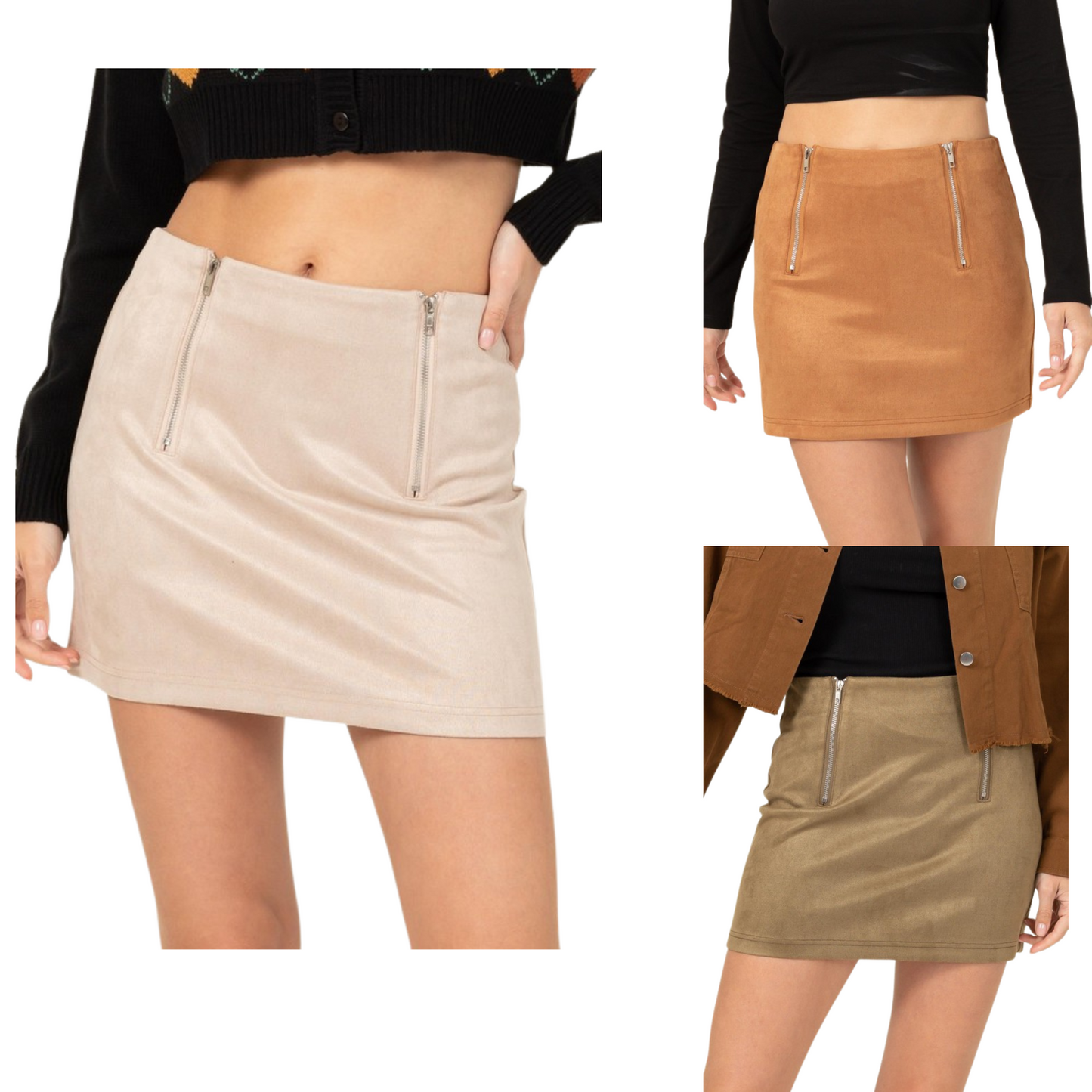Our Bodycon Mini Skirt is the perfect addition to your wardrobe. Featuring a double zipper to add an edgy style, this skirt is a show-stopper. Available in camel, light taupe, and olive, you're sure to find the perfect color to complement your outfit.