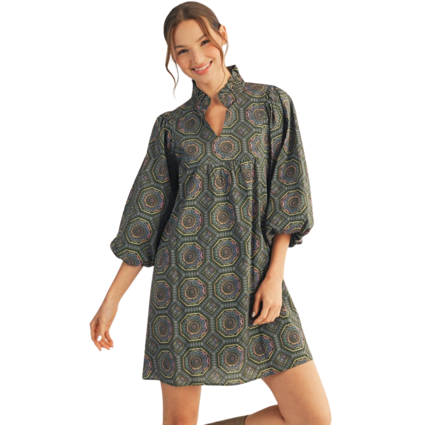 This olive-colored boho print mini dress by Jodifl features a flattering babydoll silhouette with a classic collar, combining comfort and style effortlessly. Its lightweight fabric and relaxed fit make it perfect for warm weather, while the intricate bohemian pattern adds a touch of artistic flair. Ideal for casual outings or festivals, this dress offers versatility with a chic, expert-crafted design.