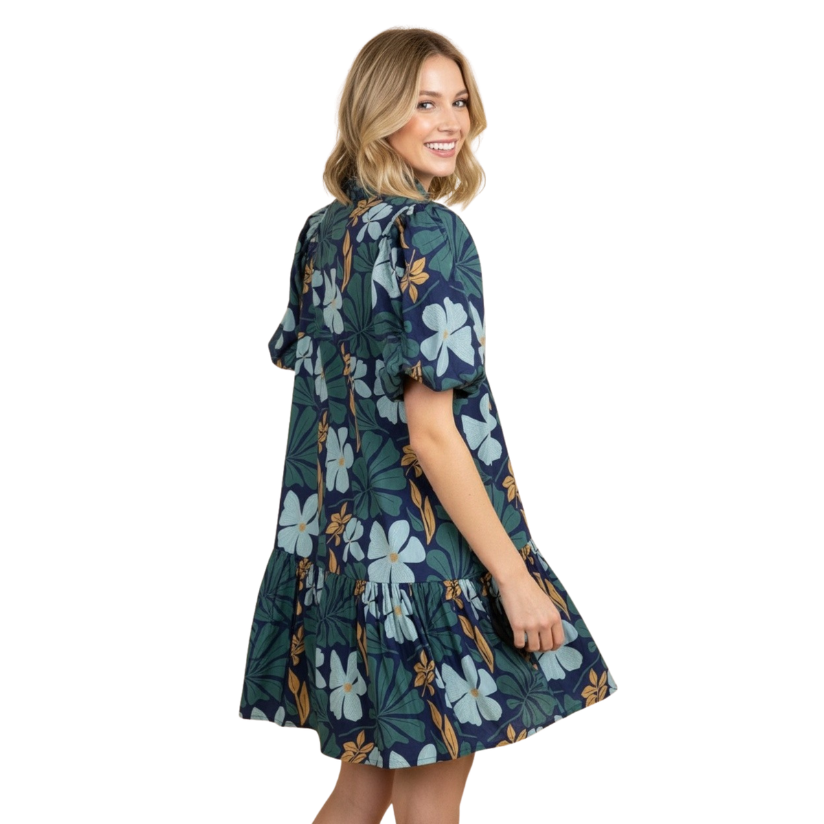 Embrace effortless elegance with this navy mini dress from Hemish. Featuring delicate botanical prints that add visual interest, the flattering V-neckline pairs beautifully with dramatic puff sleeves for a modern, romantic silhouette. The tiered construction creates movement and dimension, perfect for transitional seasons. A versatile piece that works from day to evening.