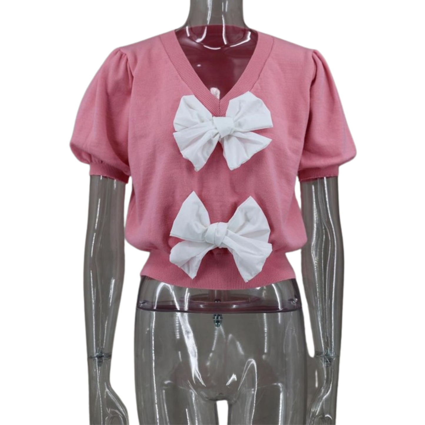 This pink V-neck sweater from Oh Sense features short sleeves and delicate bow accents, making it a stylish and versatile addition to your wardrobe. Crafted from high-quality materials, this sweater is both comfortable and elegant, perfect for any occasion.