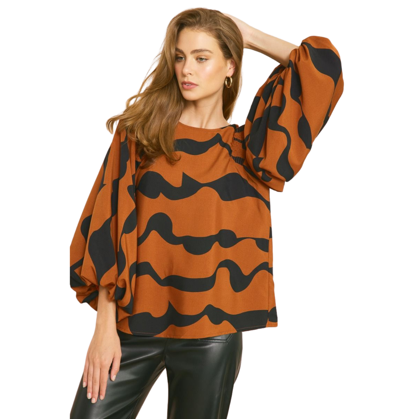 Printed Balloon Sleeve Top in Brown